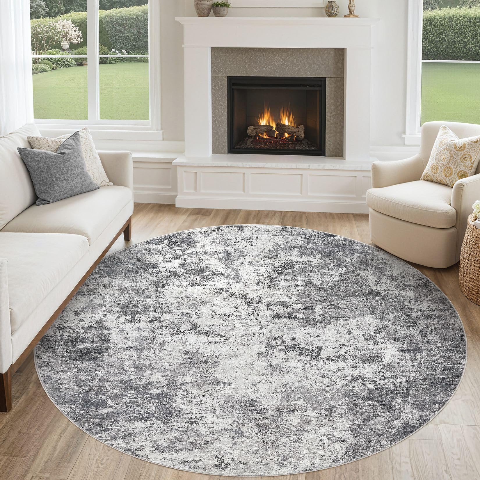 UERMEI 6ft Round Area Rug Living Room Rugs - 6x6 Washable Neutral Modern Abstract Soft Thin Rug Indoor Floor No Slip Rug Carpet 