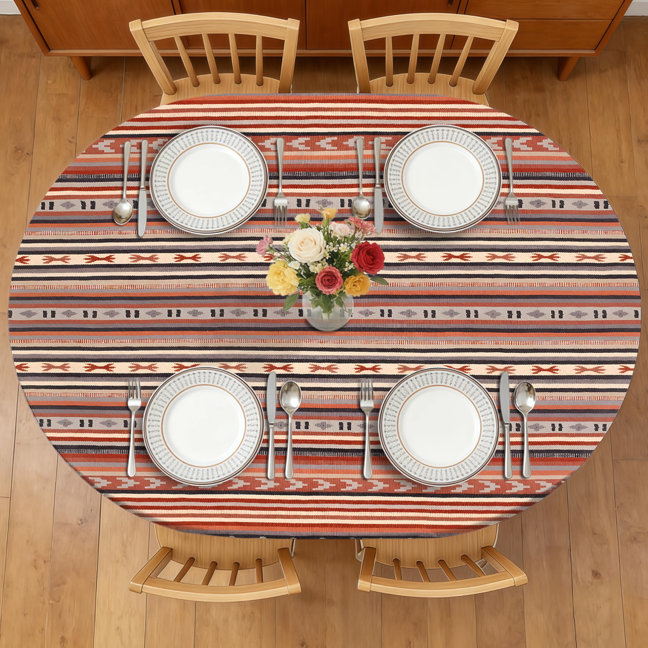 BOOWEATS Boho 48 x 68 Inch Oval Fitted Tablecloth with Elastic Edged, Waterproof Oil Proof Wipeable Oblong Table Cover for Indoo