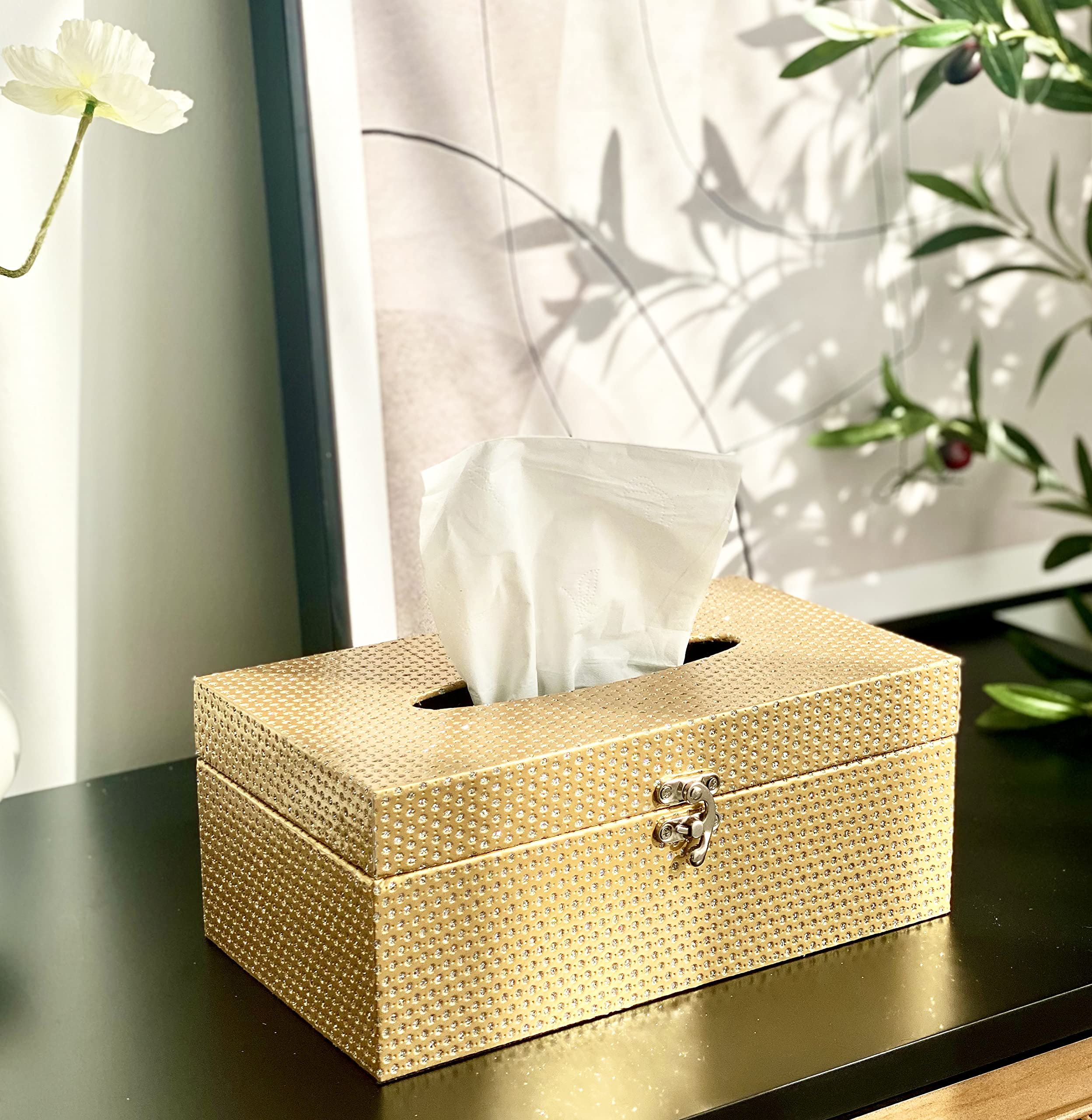 Mode Home Gold Tissue Box Cover Rectangular, Decorative Tissue Box Holder With Lock For Bedroom, Living Room, Bathroom, Dryer Sh