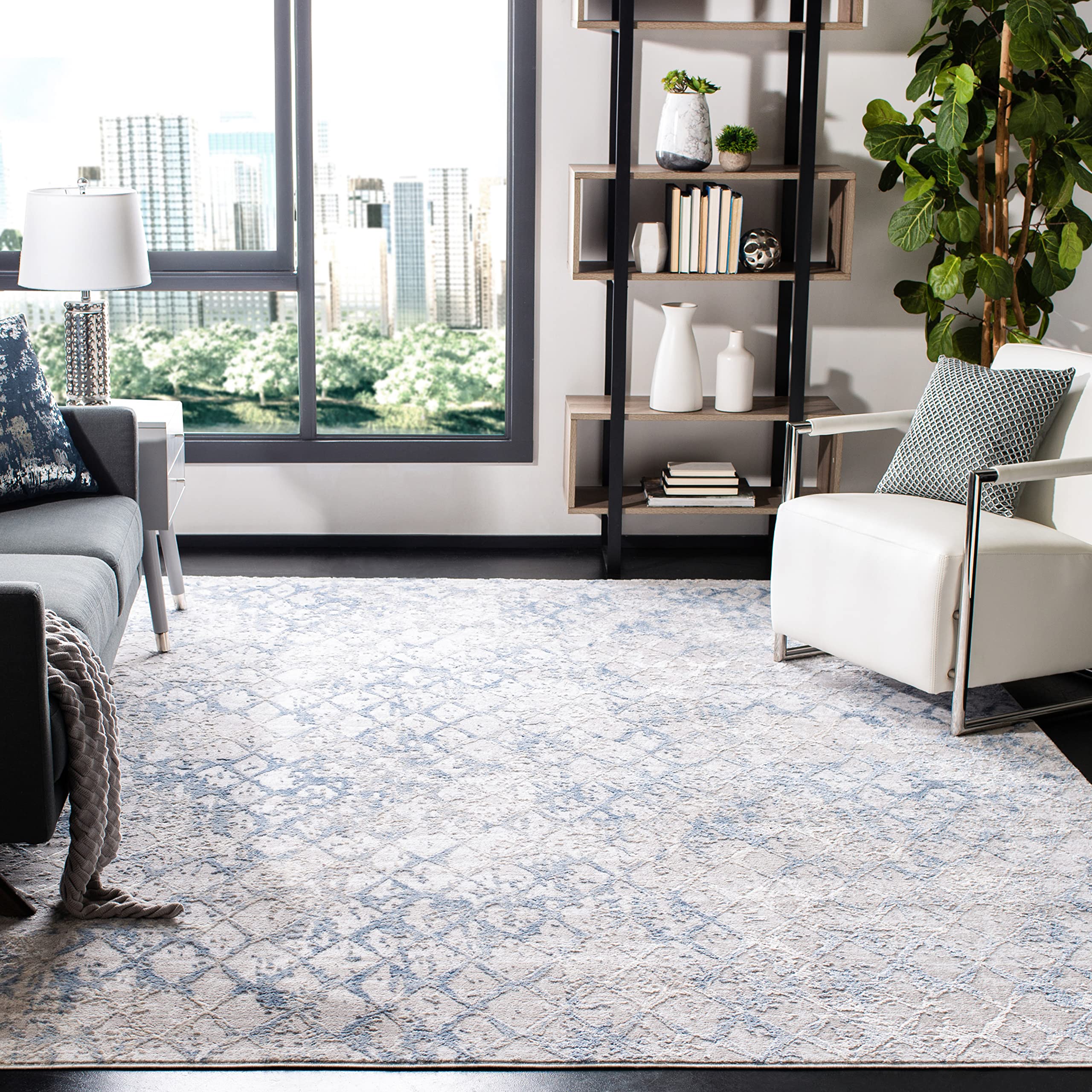 SAFAVIEH Amelia Collection Area Rug - 53 x 76, Light Grey & Blue, Modern Trellis Distressed Design, Non-Shedding & Easy Care, 