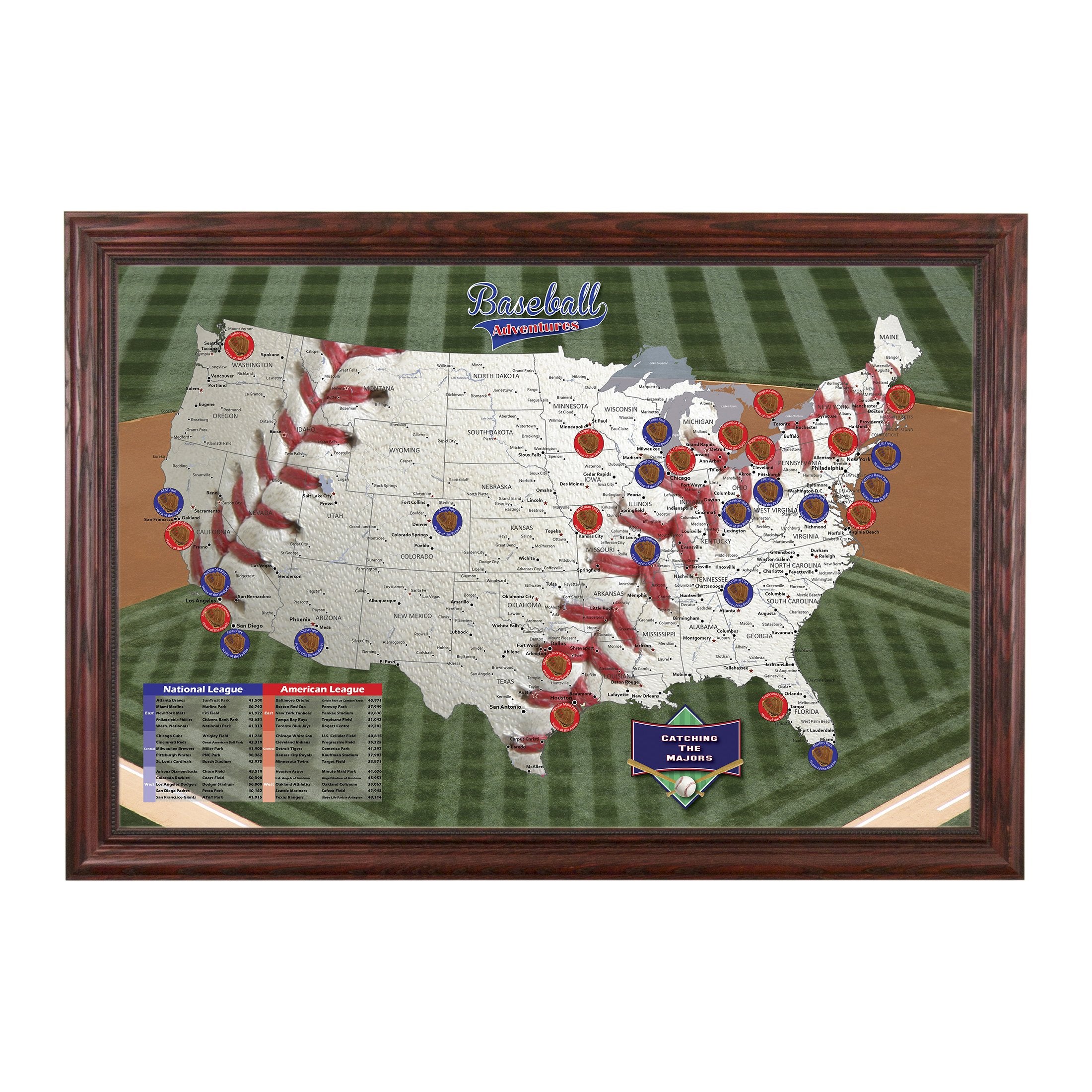 Baseball Adventures Push Pin Travel Map With Solid Wood Cherry Frame And Pins - 27.5 Inches X 39.5 Inches