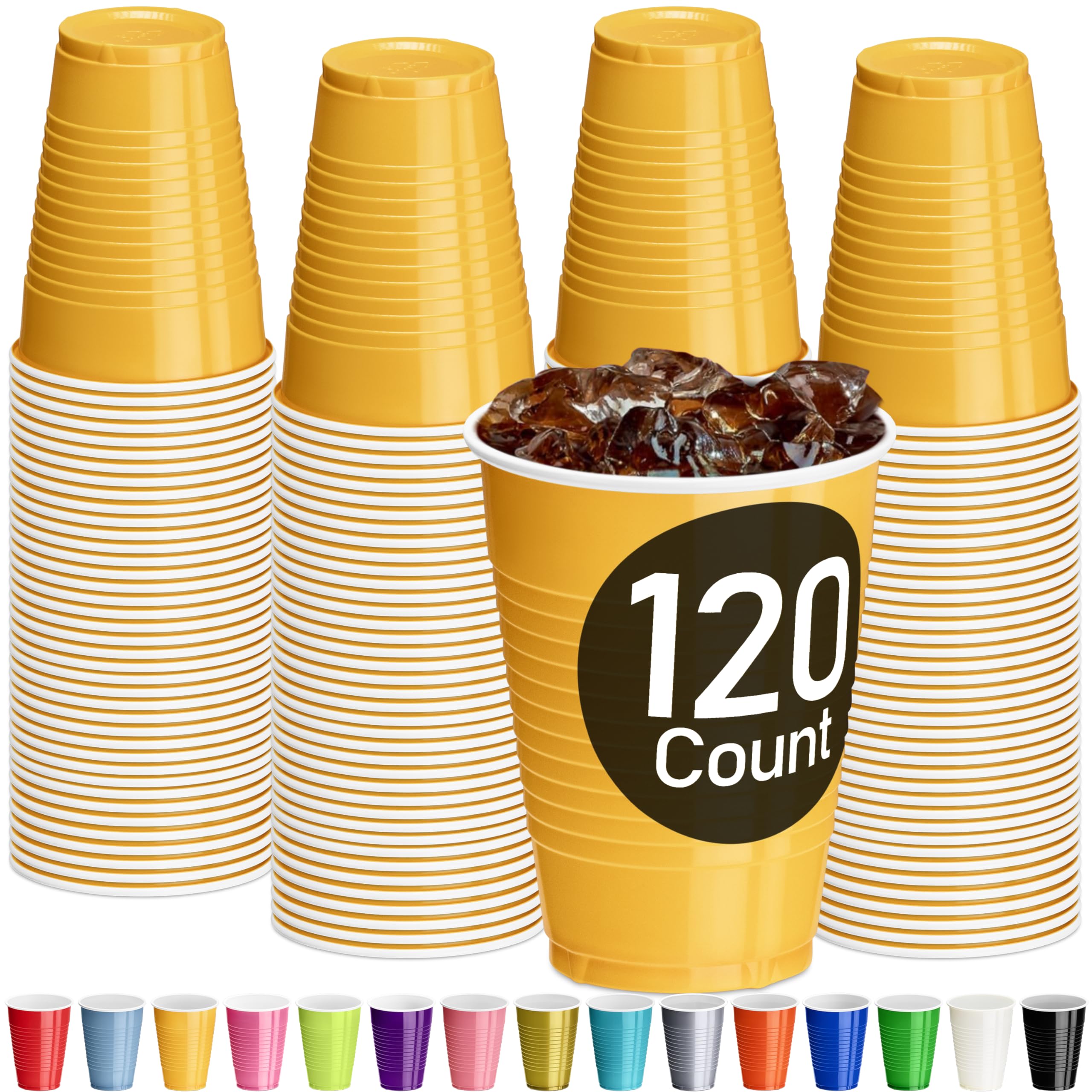 Decorrack Yellow Plastic Cups, 12 Oz Disposable Cups, Reusable Party Supplies (120 Count)