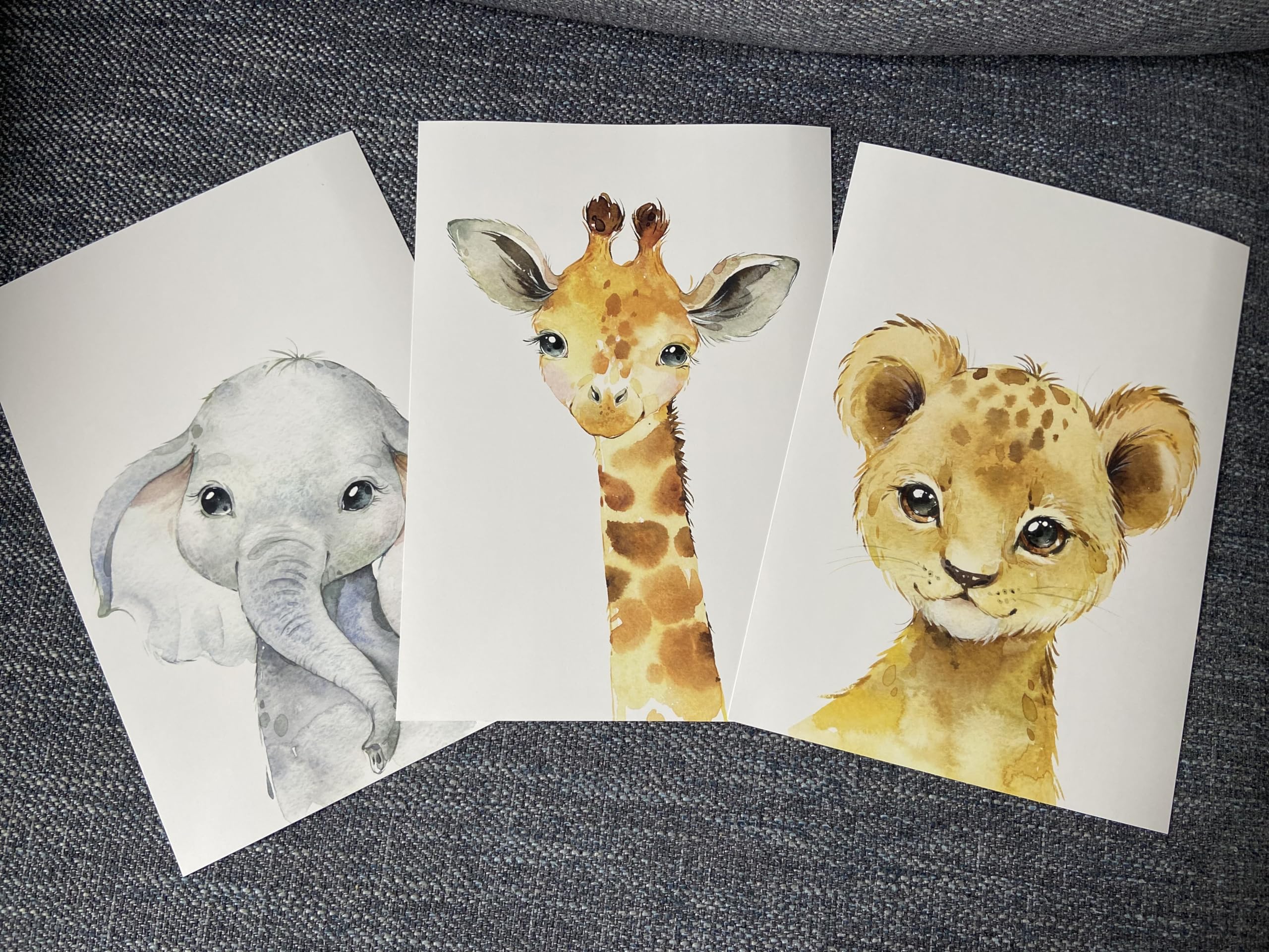 Baby Safari Animals For Girl Or Boy Nursery Bedroom, Set Of 3 Unframed Wall Art Prints, Nursery Decor Gift, Giraffe Elephant Lio