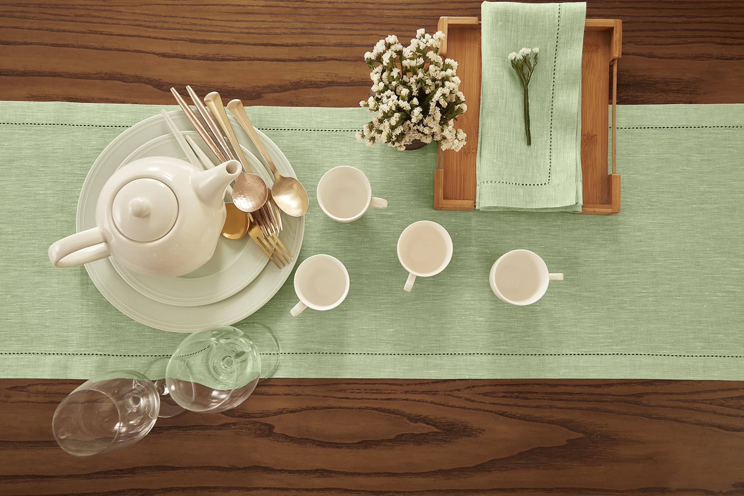 Solino Home Pure Linen Table Runner - Pistachio 14 x 108 Inch - 100% Linen Fabric Table Runner for Spring  Summer  Dining  Living - Milan  Machine Washable and Handcrafted from European Flax