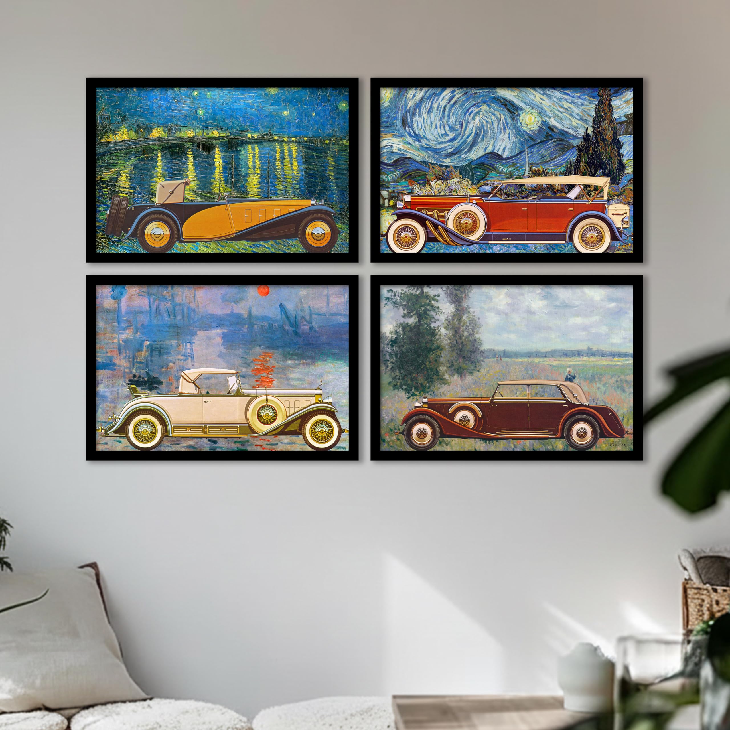 Artistic Vintage Car Framed Wall Art Painting Set Of 4 | Classic Automobile Artwork With Painterly Background For Living Room & 