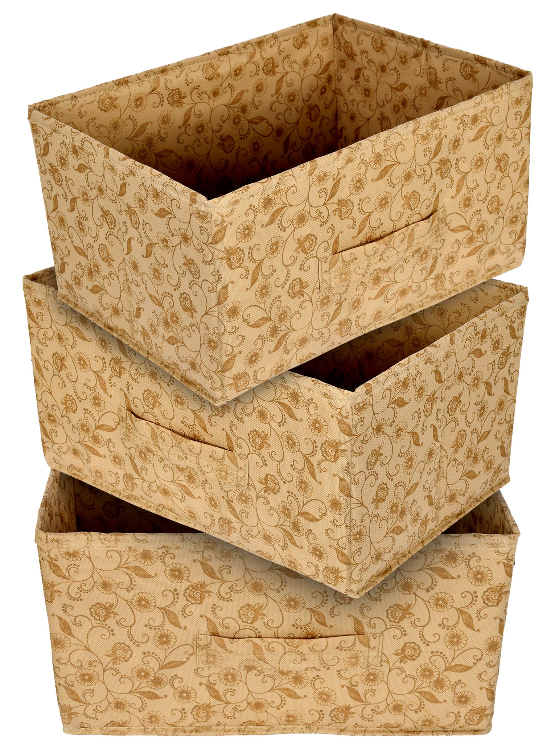 Heart Home Metalic Floral Print Non Woven Fabric 3Replacement Drawer Storage And Cloth Organizer Unit For Closet (Beige) Heart