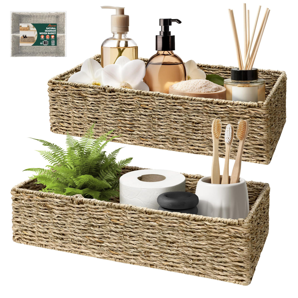 Homestead Seagrass Storage Baskets, 15.6'' Long Narrow Rectangular Wicker Baskets For Bedroom, Living Room, Bathroom, Shelves -
