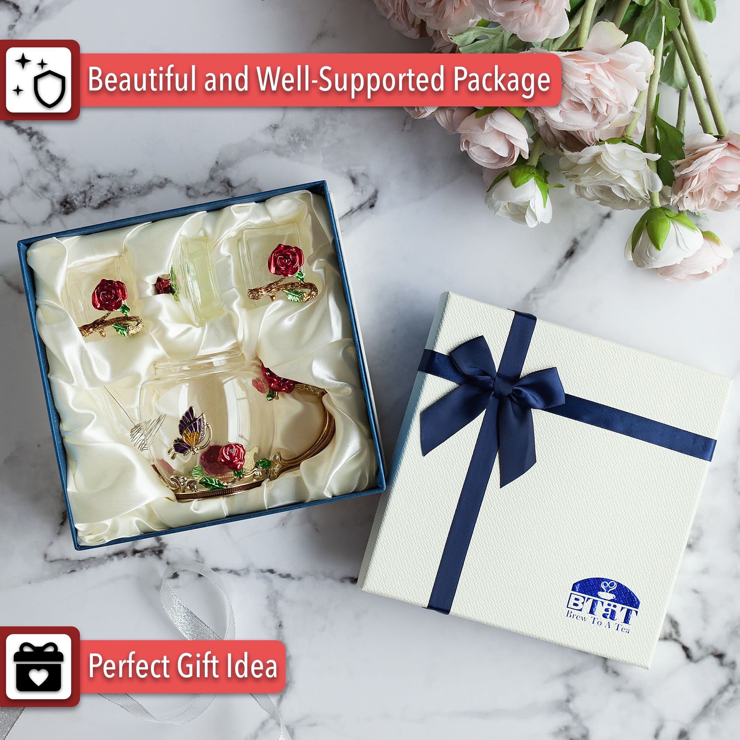 Btat- Floral Glass Tea Set, 2 Fancy Cups, 2 Oz, Tea Pot Glass, 13 Oz, Tea Pot, Glass Teapot, Small Glass Tea Set For Adults, Gla