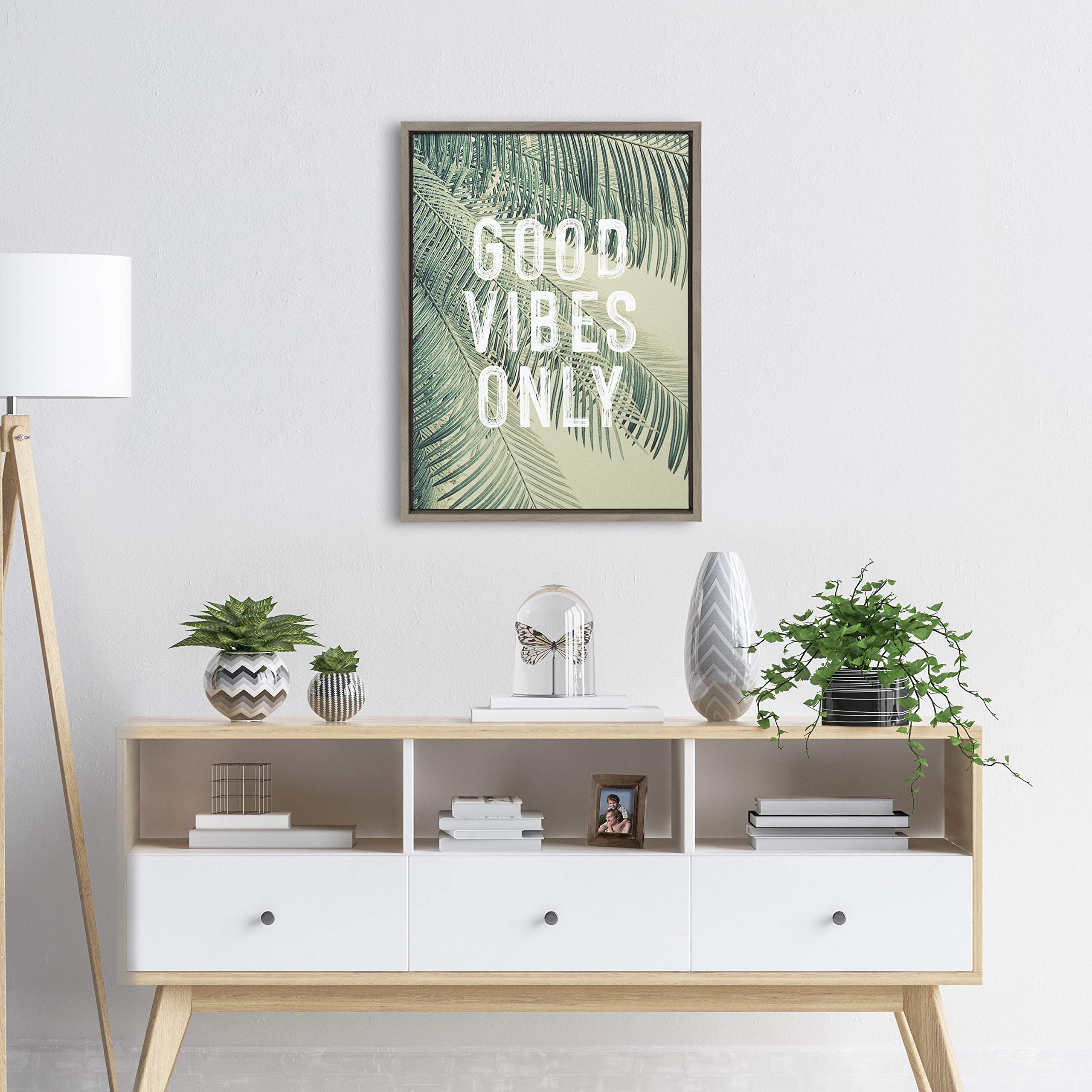 Kate And Laurel Sylvie Vintage Tropical Palms Good Vibes Only Framed Canvas Wall Art By The Creative Bunch Studio, 18X24 Gray, B