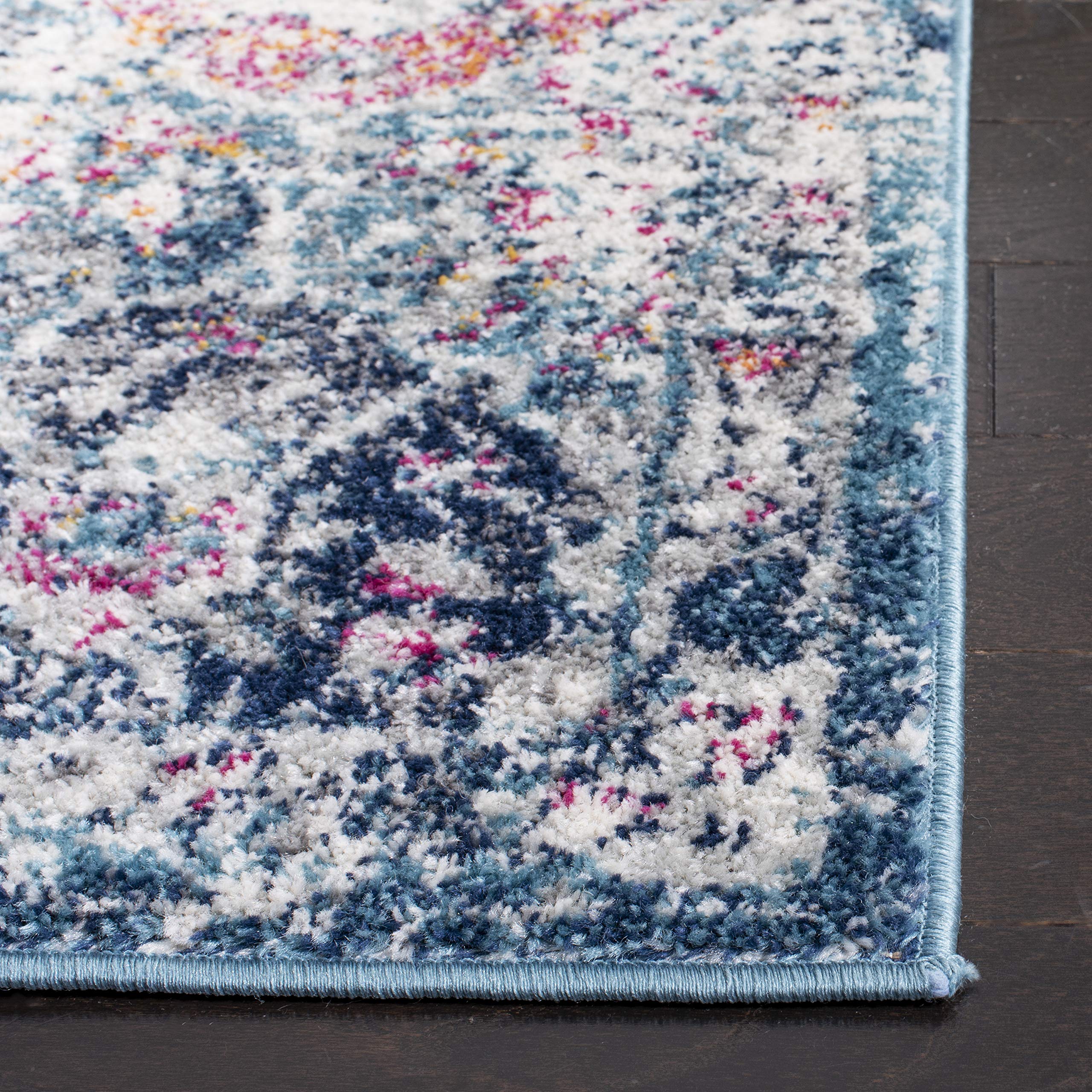 SAFAVIEH Madison Collection Area Rug - 10 Square, Navy & Teal, Boho Chic Distressed Design, Non-Shedding & Easy Care, Ideal for