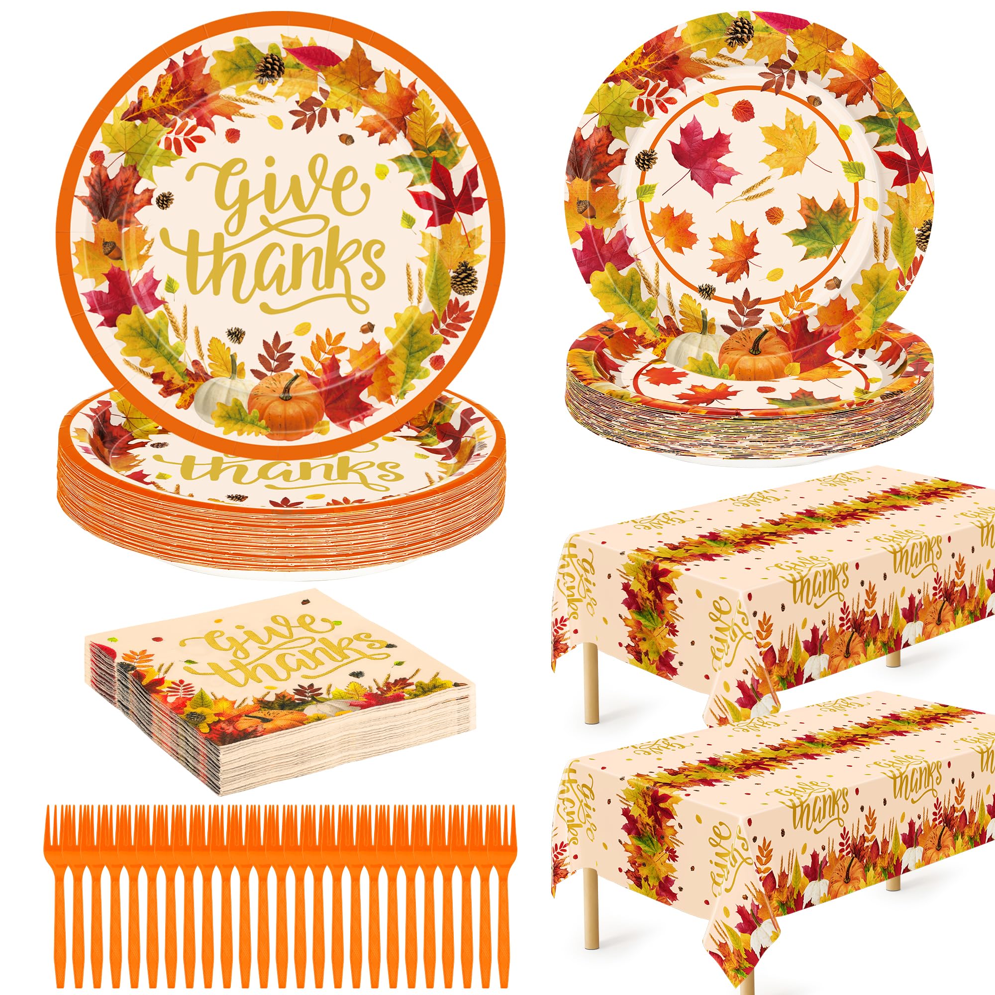 QZYL 122 PCS Thanksgiving Dinnerware Set, Disposable Paper Plates and Napkins, Maple Leaves Dinner Plates Dessert Tray Napkins F