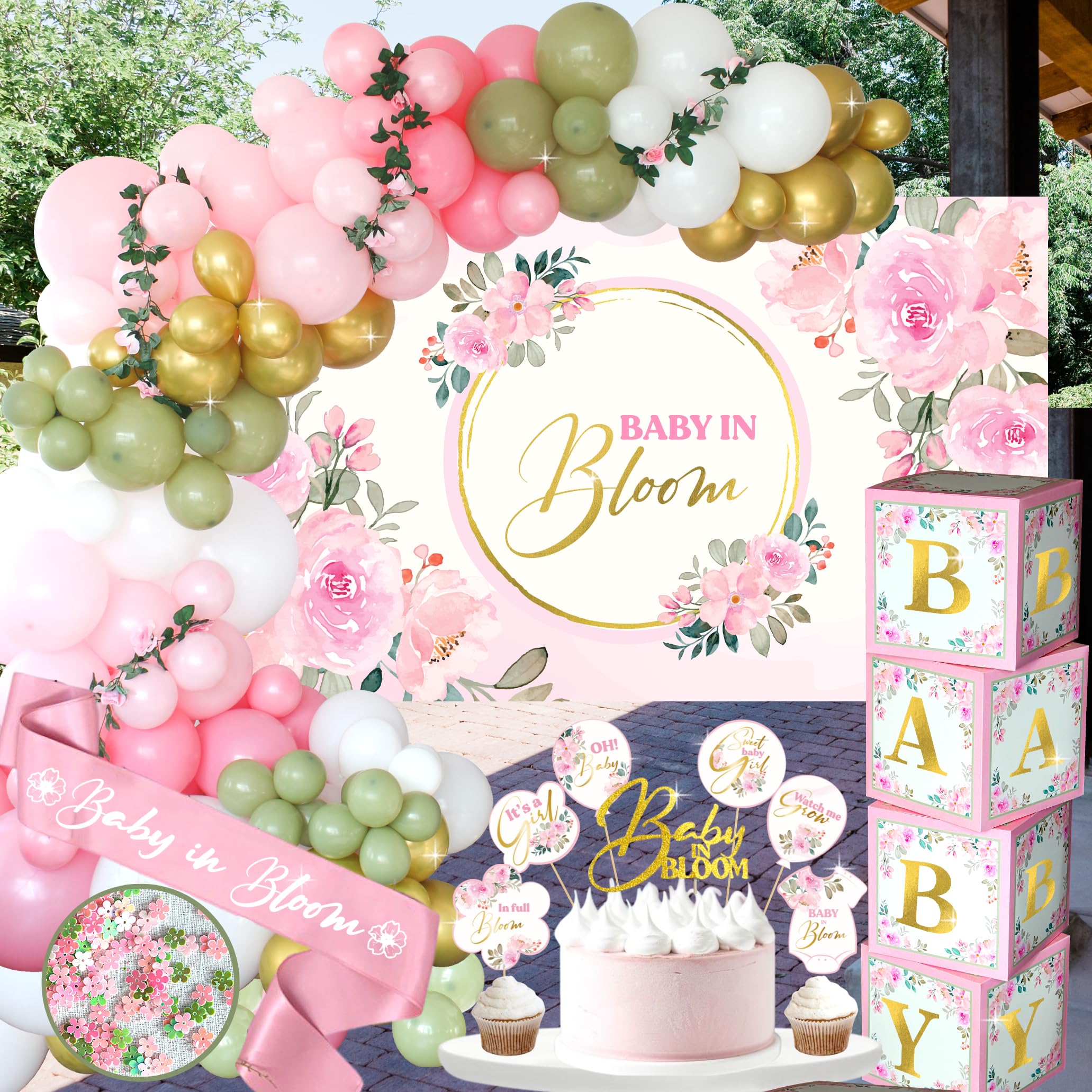 338 Pc Baby In Bloom Baby Shower Decorations For Girl - Balloon Arch Garland & Baby Boxes With Letters, Backdrop, Cake Topers, S