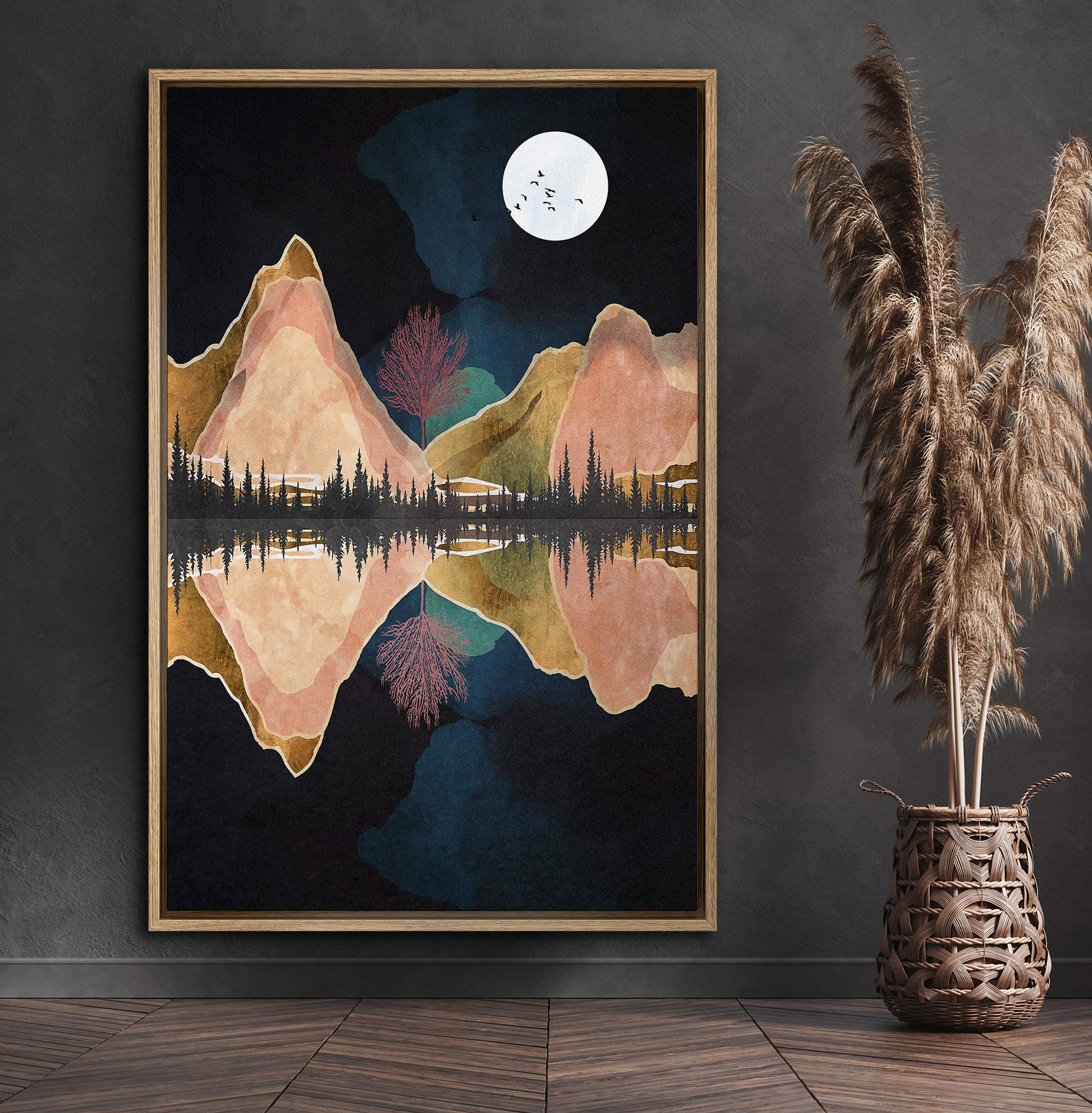 Signford Framed Canvas Print Wall Art Watercolor Mountains & Forest Reflection Abstract Wilderness Illustrations Modern Art Cont