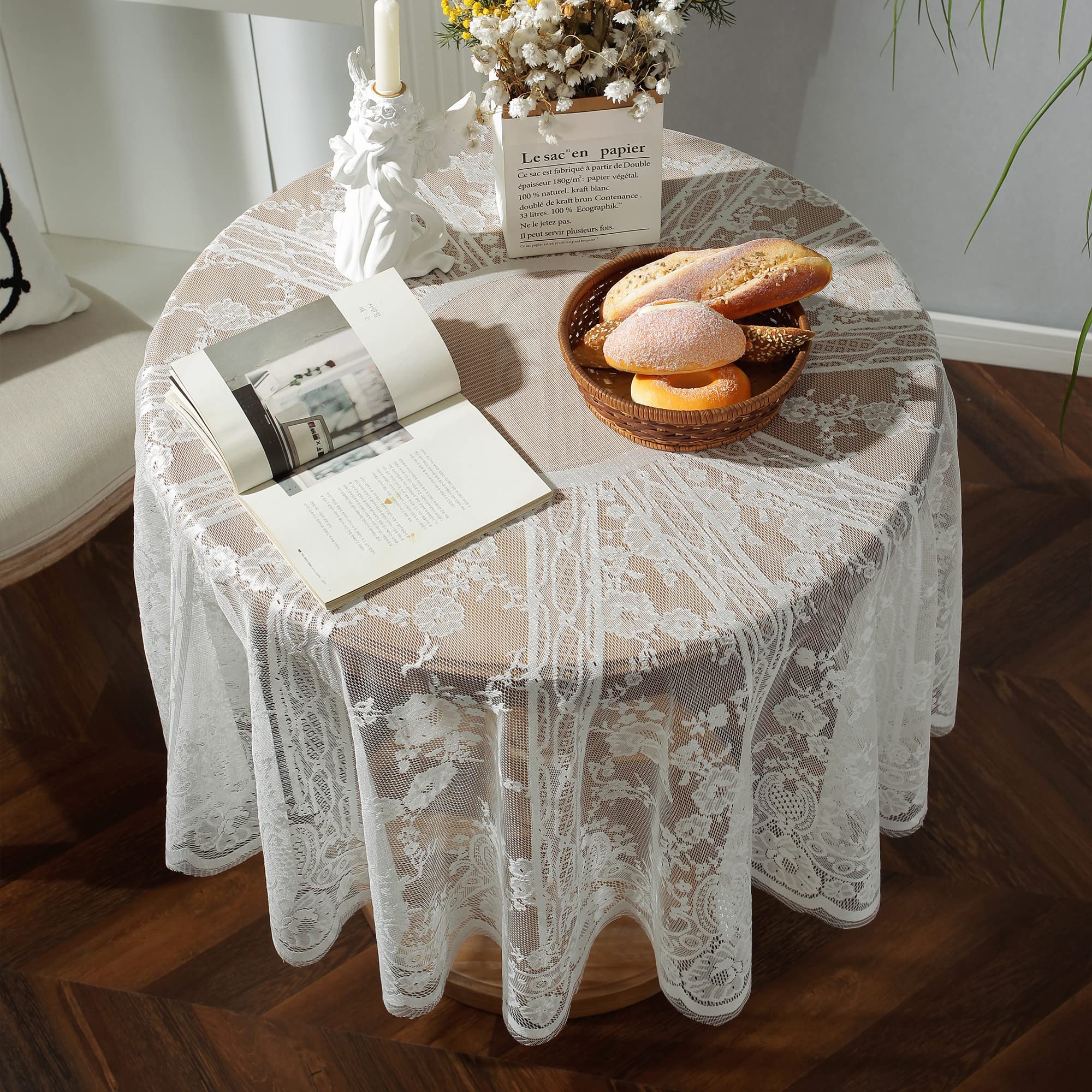 White Lace Tablecloth Embroidered Elegant Floral Patterns Table Cloth Round Overlay Table Cover For Wedding Party Holiday Long D