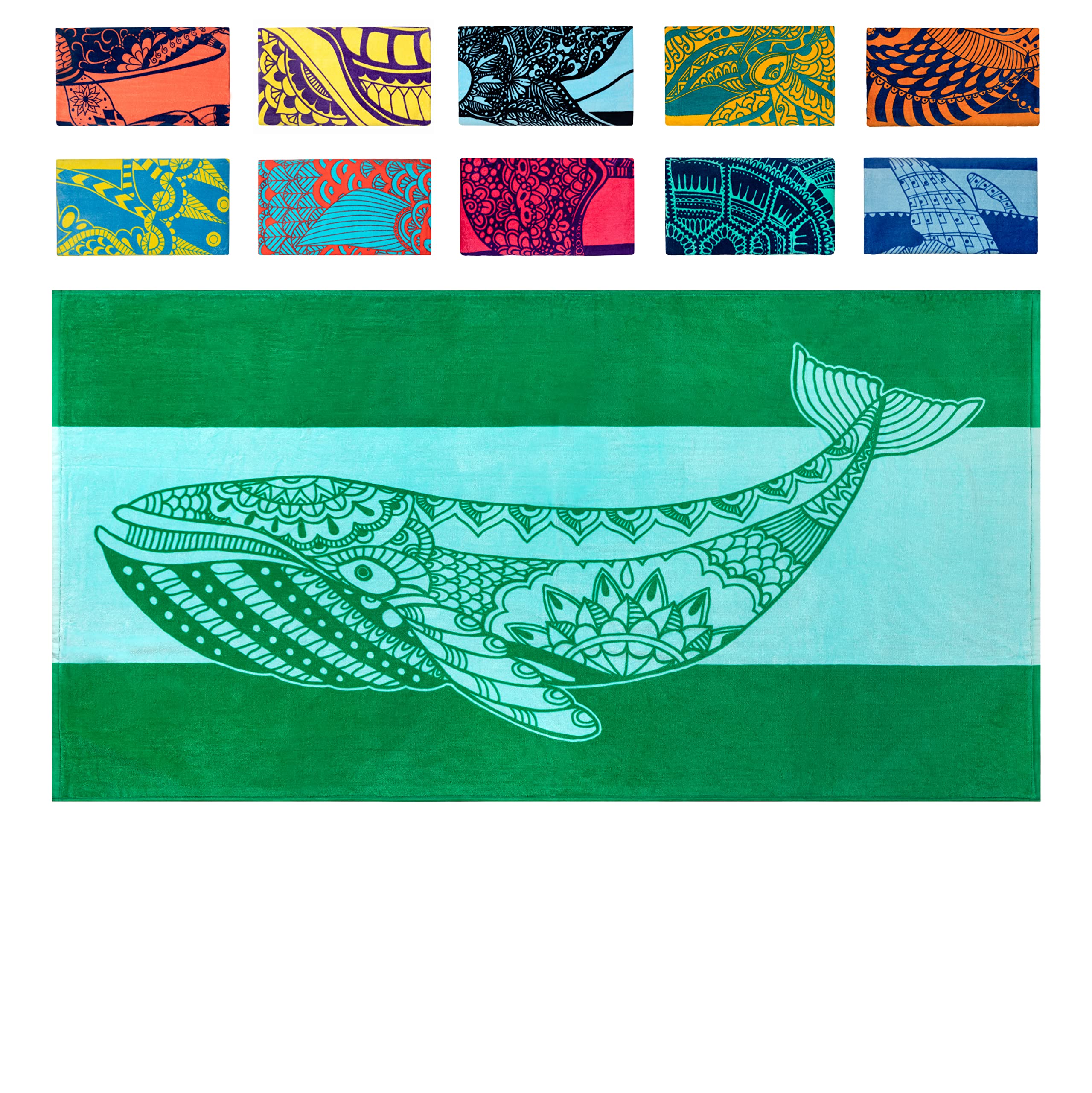Nova Blue Whale Beach Towel (34 X 63) - Green Oversized Beach Towel With Whale Design Quick Dry Beach Towel Made From 100% Cotto