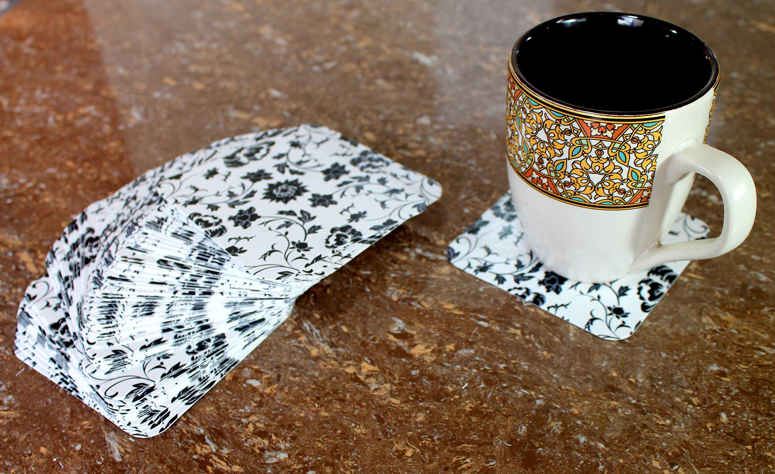 Esplanade Disposable Printed Paper Coasters - Use And Throw Reversible Paper Coasters - Set Of 100 - Black Floral