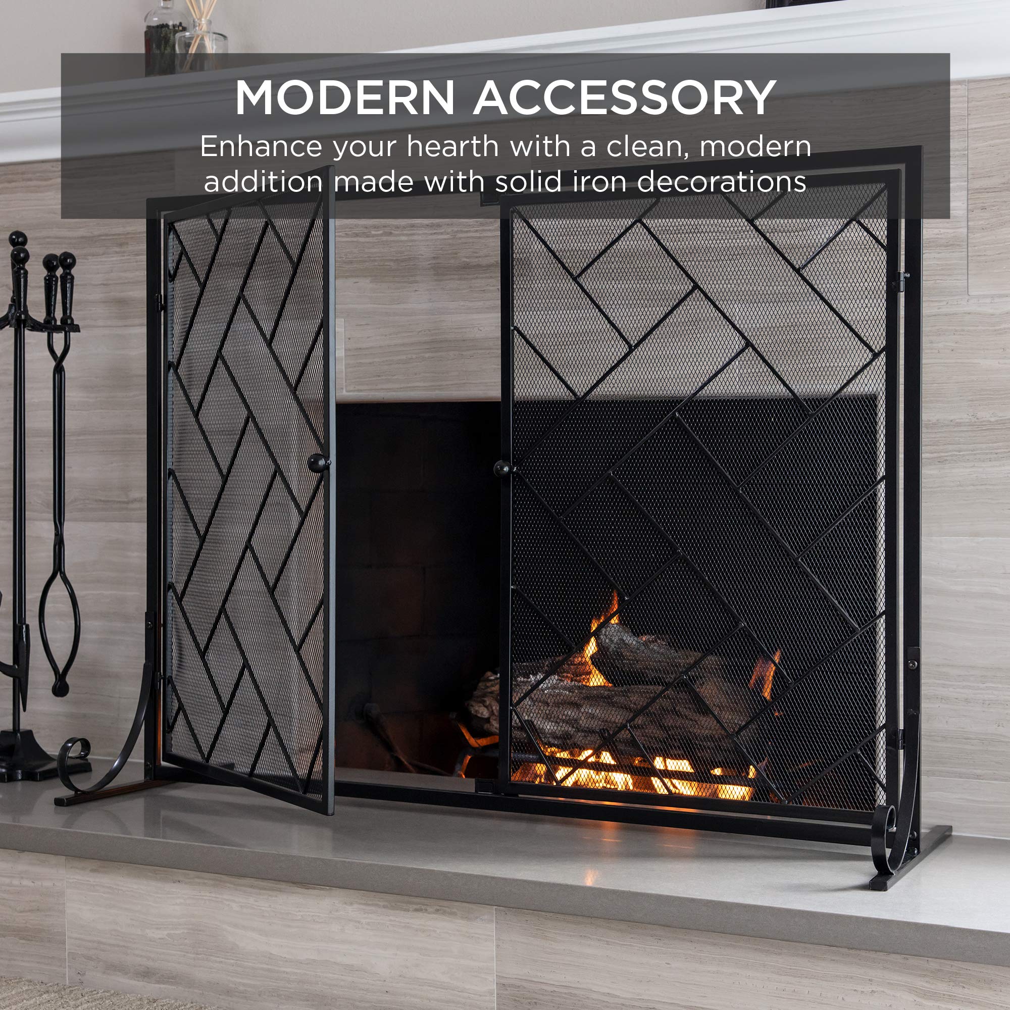 Best Choice Products 44x33in 2-Panel Handcrafted Wrought Iron Decorative Mesh Geometric Fireplace Screen  Fire Spark Guard w/Magnetic Doors - Black