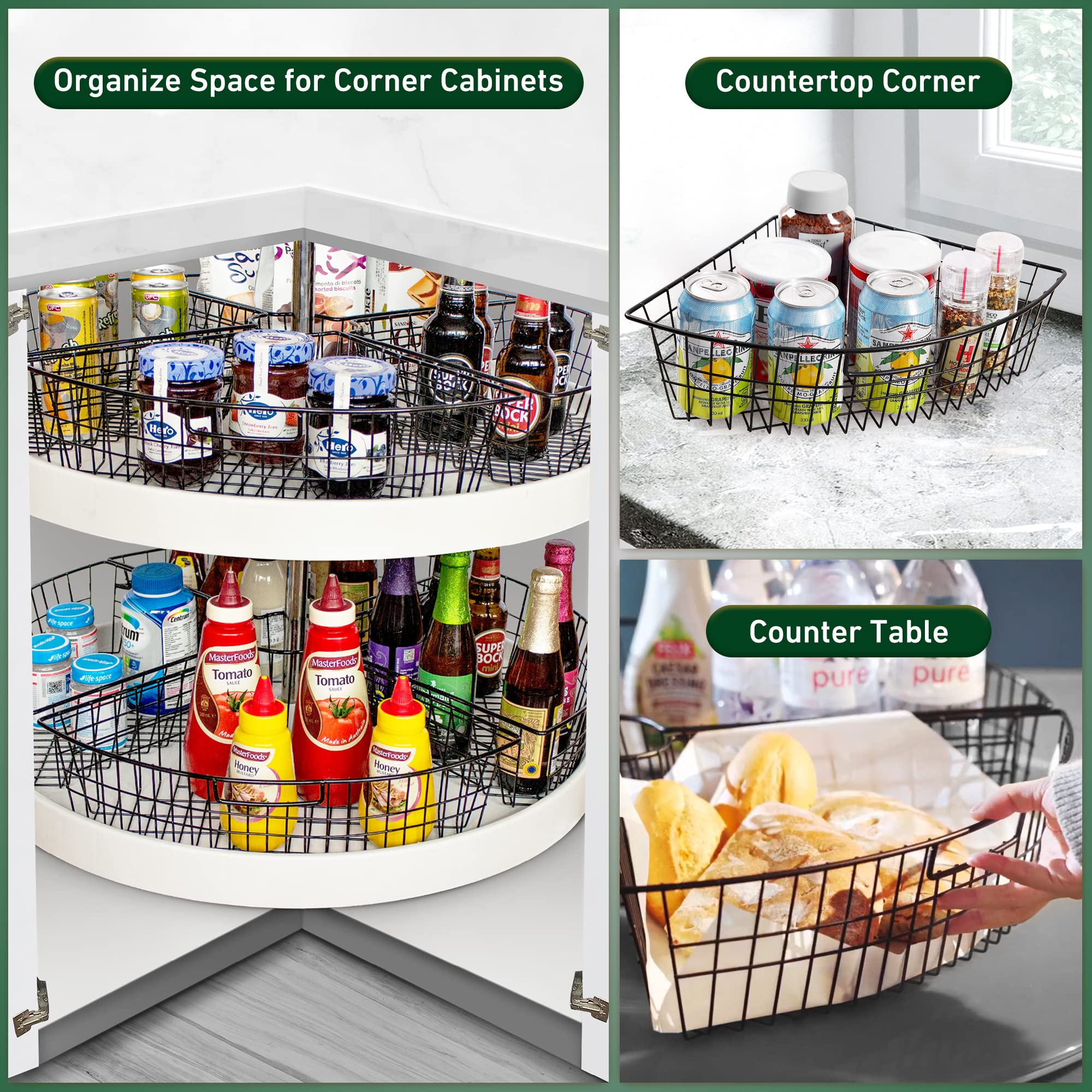 Leeden Lazy Susan Organizer Basket For 24'' Diameter Turntable -Metal Organizing Storage Bins (2 Packs) - Black Kitchen Cabinet