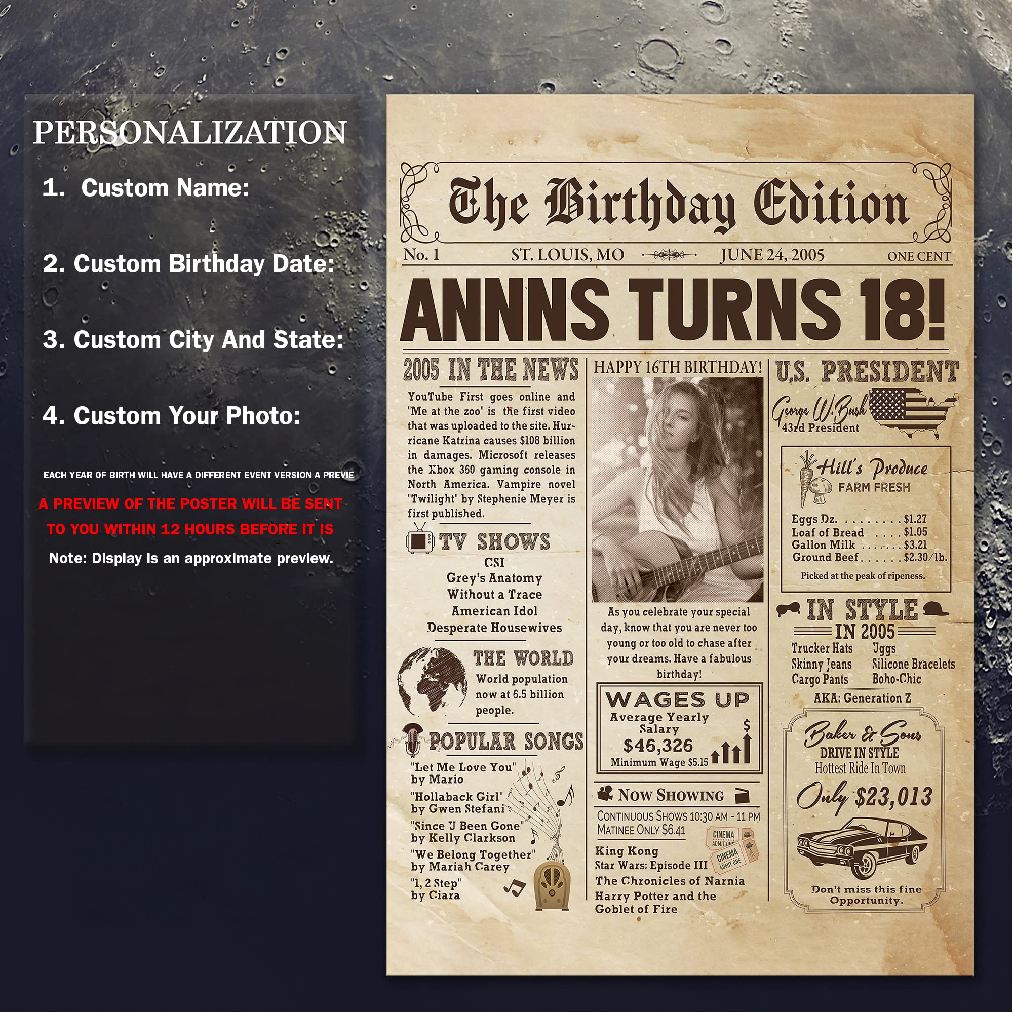 Personalized 18Th Birthday Newspaper Poster No Frame, Canvas Back In 2005 Gifts Idea Birthday, Anniversary, Custom Photo Birthda