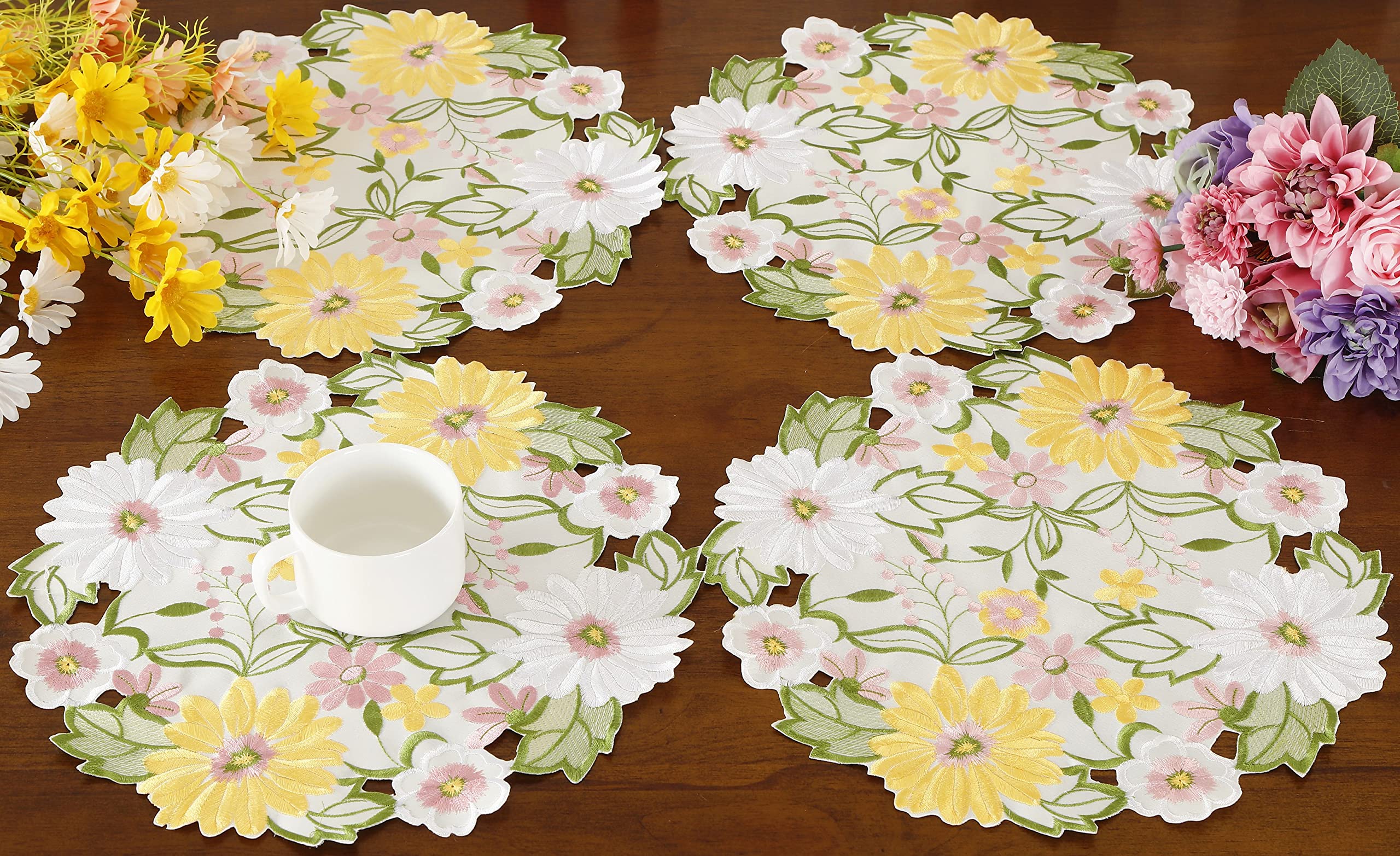 Embroidered Flowery Placemat 14 '' Set Of 4 Applique Floral Daisy Cutwork Embroidered Table Linen, Home Kitchen Dining Tabletop