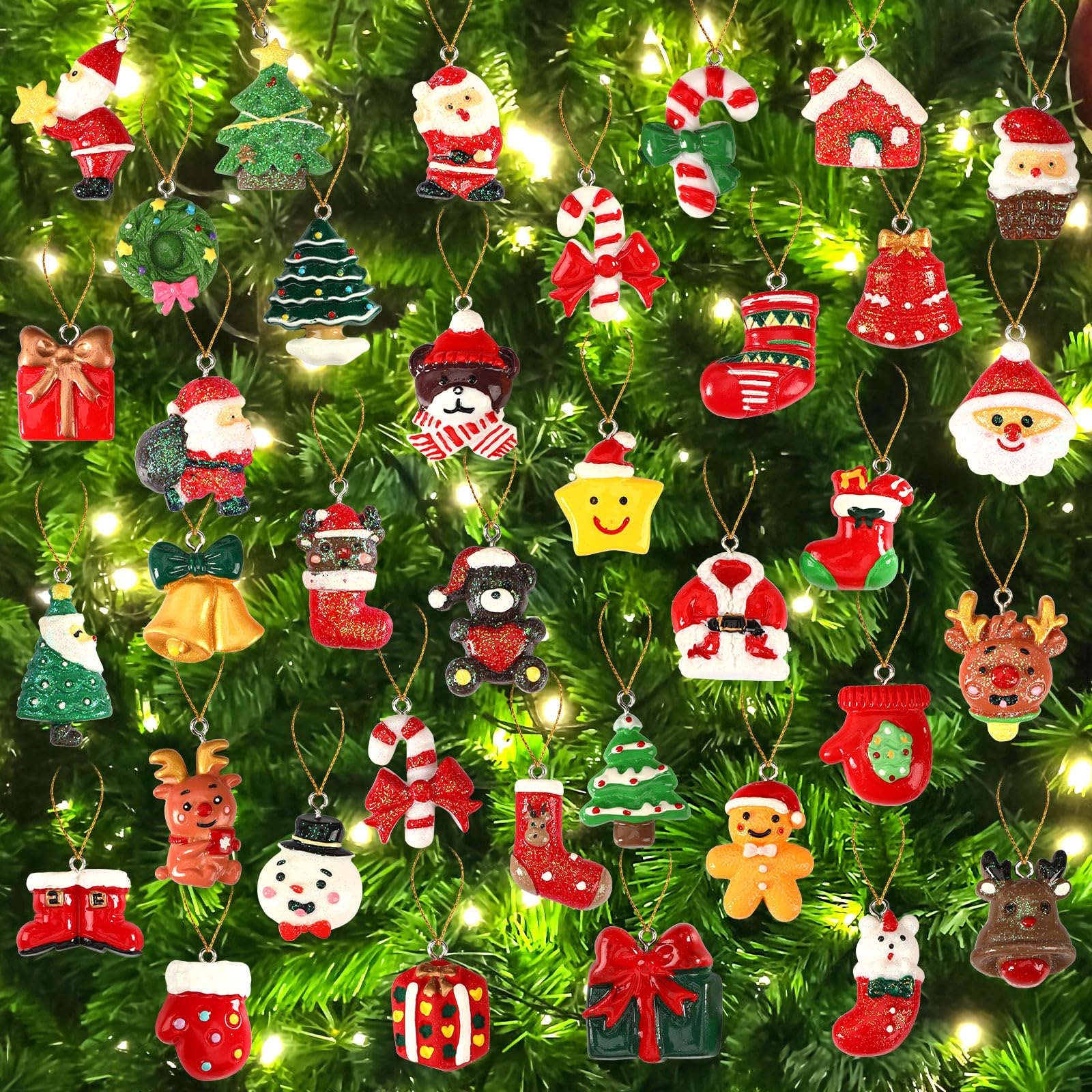 DTOFOOT 48PCS Mini Resin Christmas Ornaments Tiny Christmas Hanging Ornaments for Tree Xmas Miniatures Figurines Charms with Str