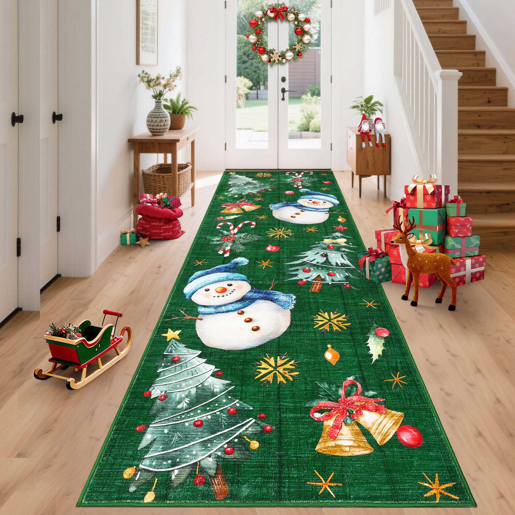 GarveeHome Christmas Runner Rug for Hallway 2x10 Kitchen Rugs Non Slip Low Pile Entryway Rug Xmas Tree & Snowman Bathroom Rugs S
