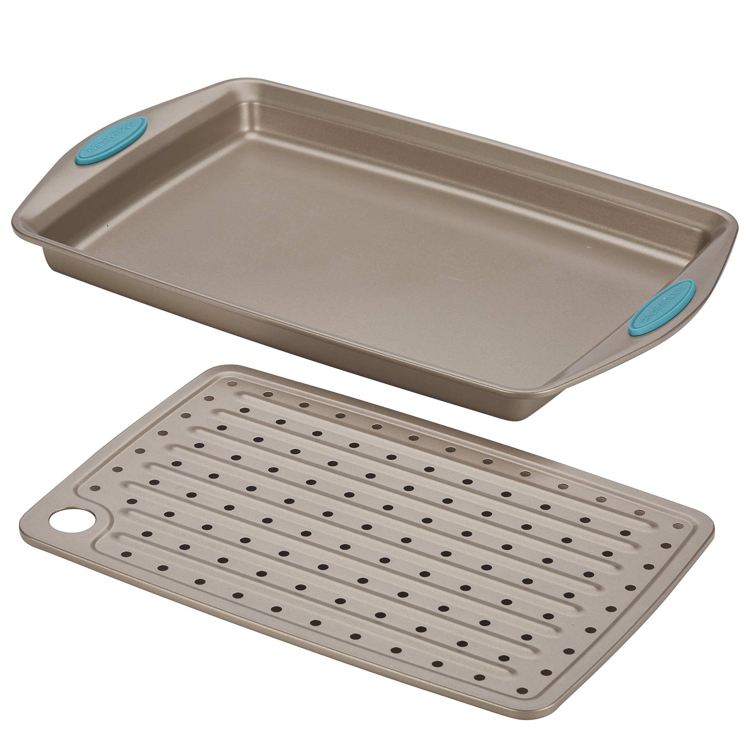 Rachael Ray Cucina Nonstick Bakeware Set With Grips, Nonstick Cookie Sheet / Baking Sheet And Crisper Pan - 2 Piece, Latte Brown