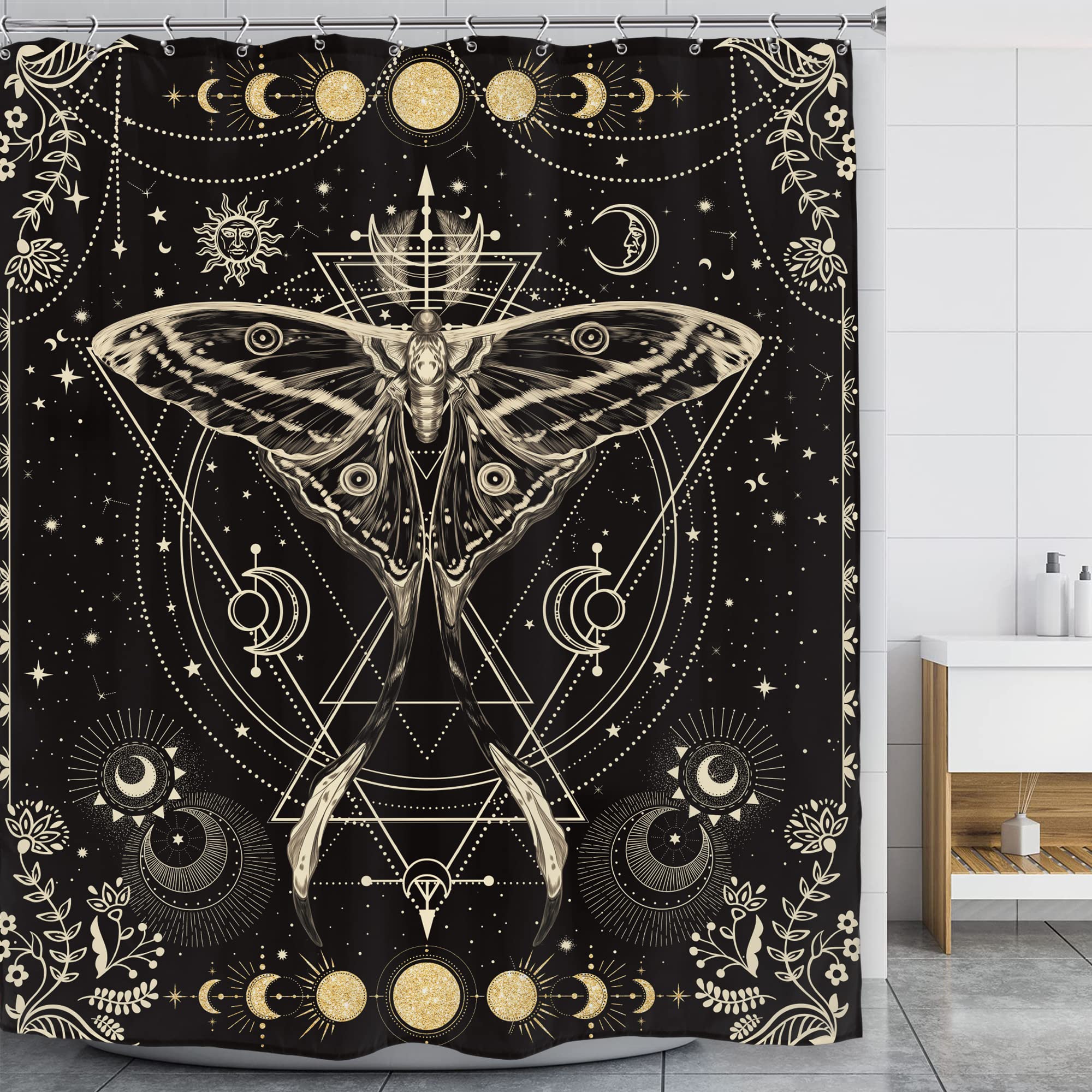 LGhtyro Moon Phase Witchy Shower Curtain 60Wx71H Inch Gold Black Butterfly Moth Fairy Shower Curtain Bathroom Set Gothic Black Moonlit Bath Curtain Tarot Halloween Bathtub Accessories Decor for Teens