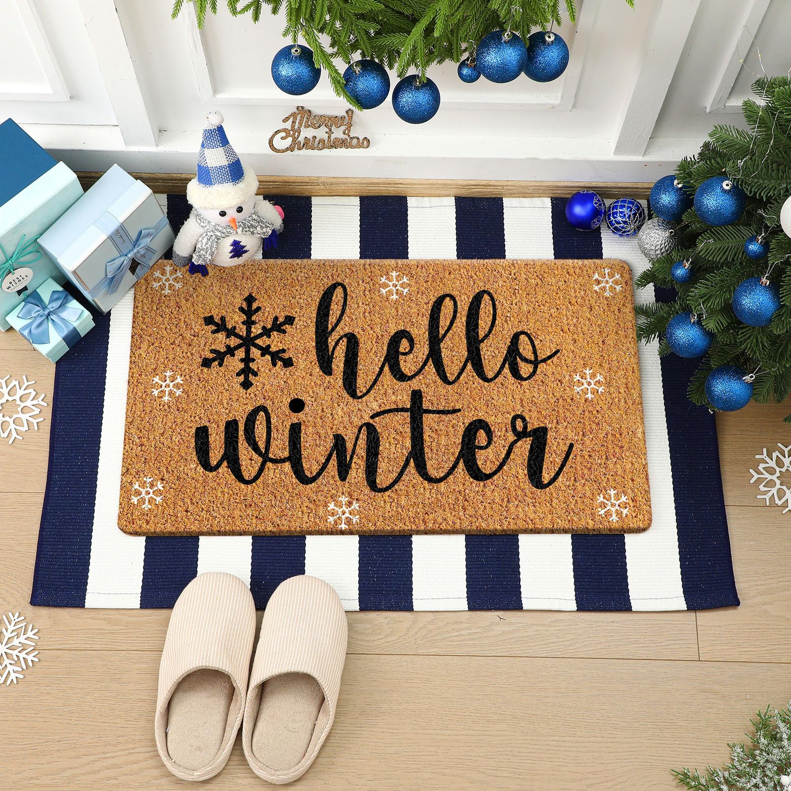 Moucuny 2 Pcs Hello Winter Door Mat Outdoor Snowflake Nature Coir Welcome Outdoor Rug Black White Stripe Winter Front Porch Rugs