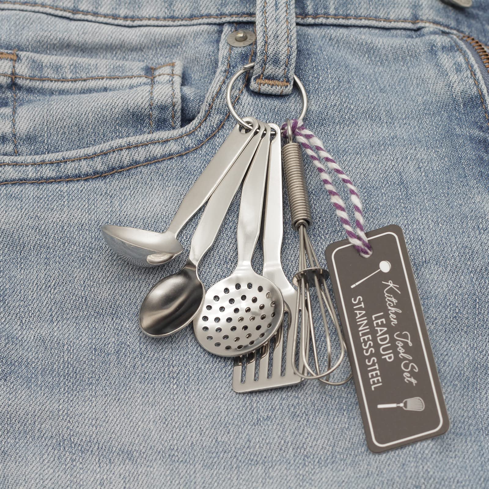 Leadup Mini Stainless Steel Kitchen Tool Set With Keychain(3.5''),Set Of 5,Includes Whisk, Spatula, Spoon, Skimmer,Soup Ladle