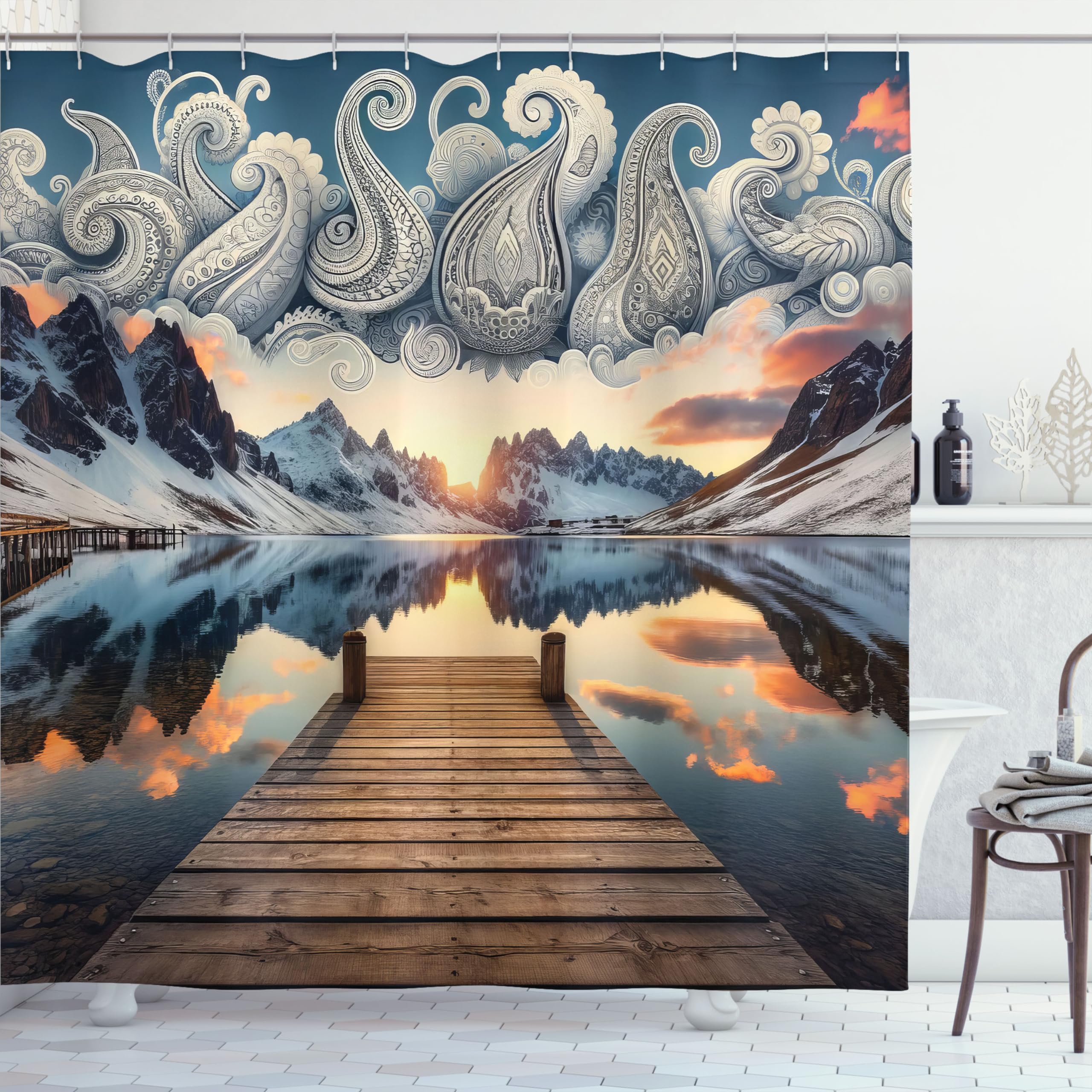 Ambesonne Lake Shower Curtain, Sunset Over Snowy Mountains And Pier Traditional Paisley Motifs In The Sky, Cloth Fabric Bathroom