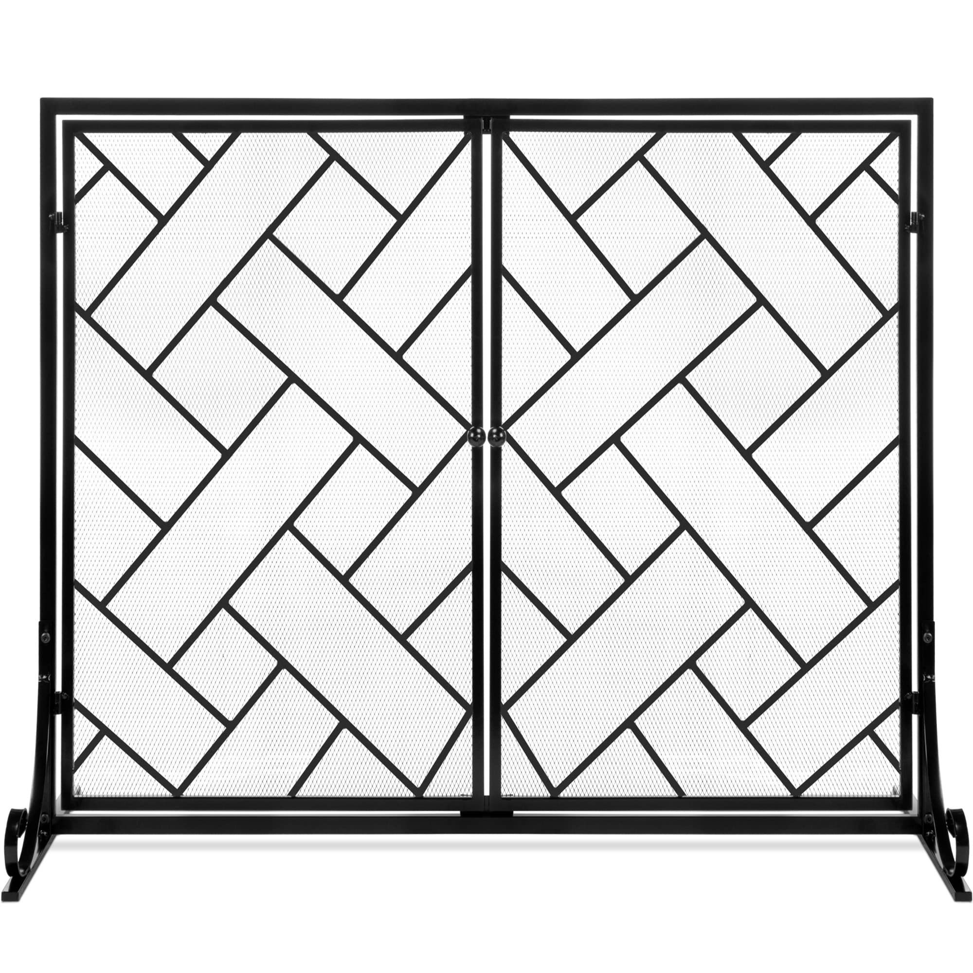 Best Choice Products 44X33In 2-Panel Handcrafted Wrought Iron Decorative Mesh Geometric Fireplace Screen, Fire Spark Guard W/Mag