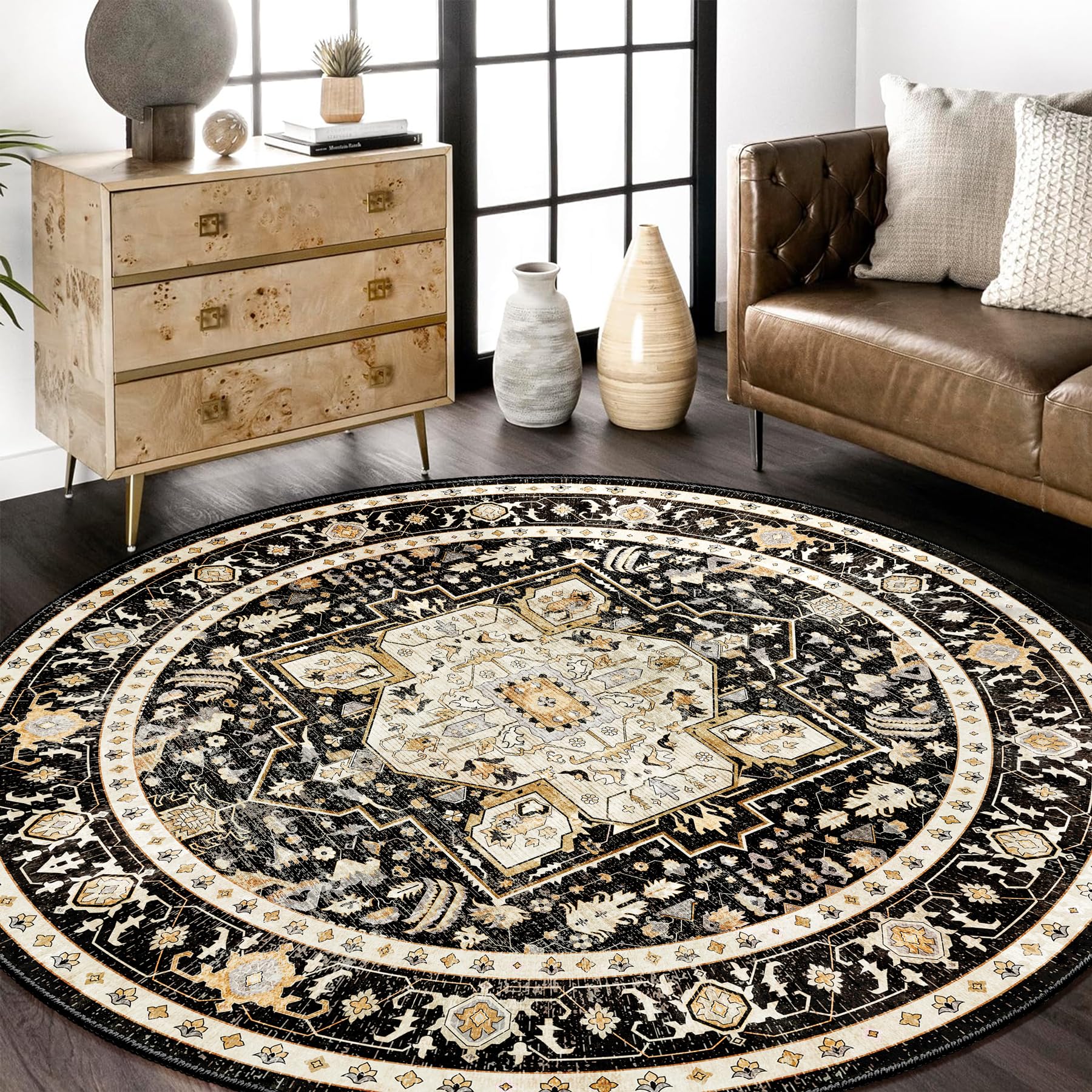 MUJOO Round Rugs 6ft,Black Circle Area Rug Washable,Boho Circular Rugs for Living Room Bedroom,Large Non Slip Throw Carpet Vinta