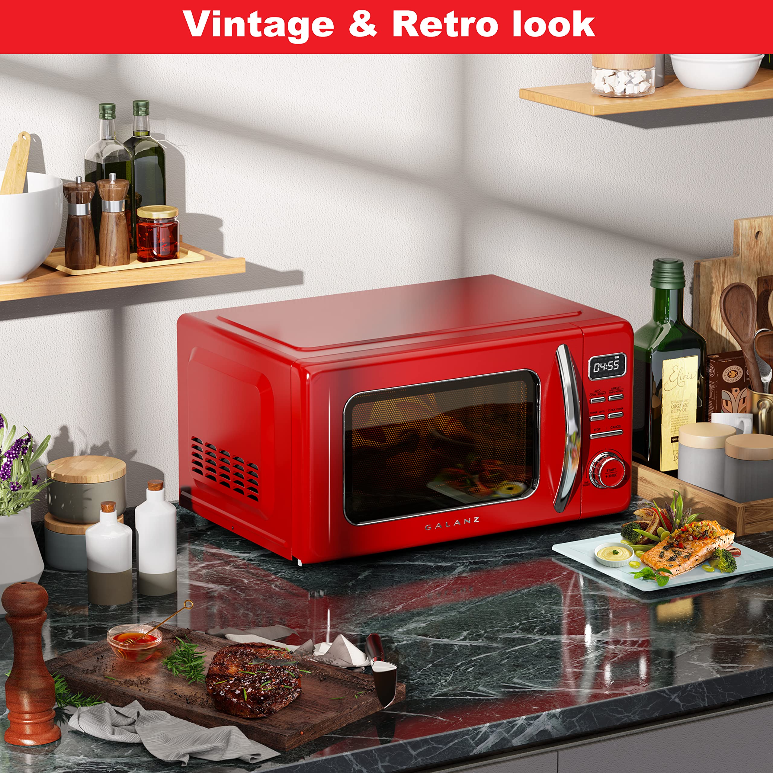 Galanz GLCMKZ11RDR10 Retro Countertop Microwave Oven with Auto Cook & Reheat, Defrost, Quick Start Functions, Easy Clean with Gl