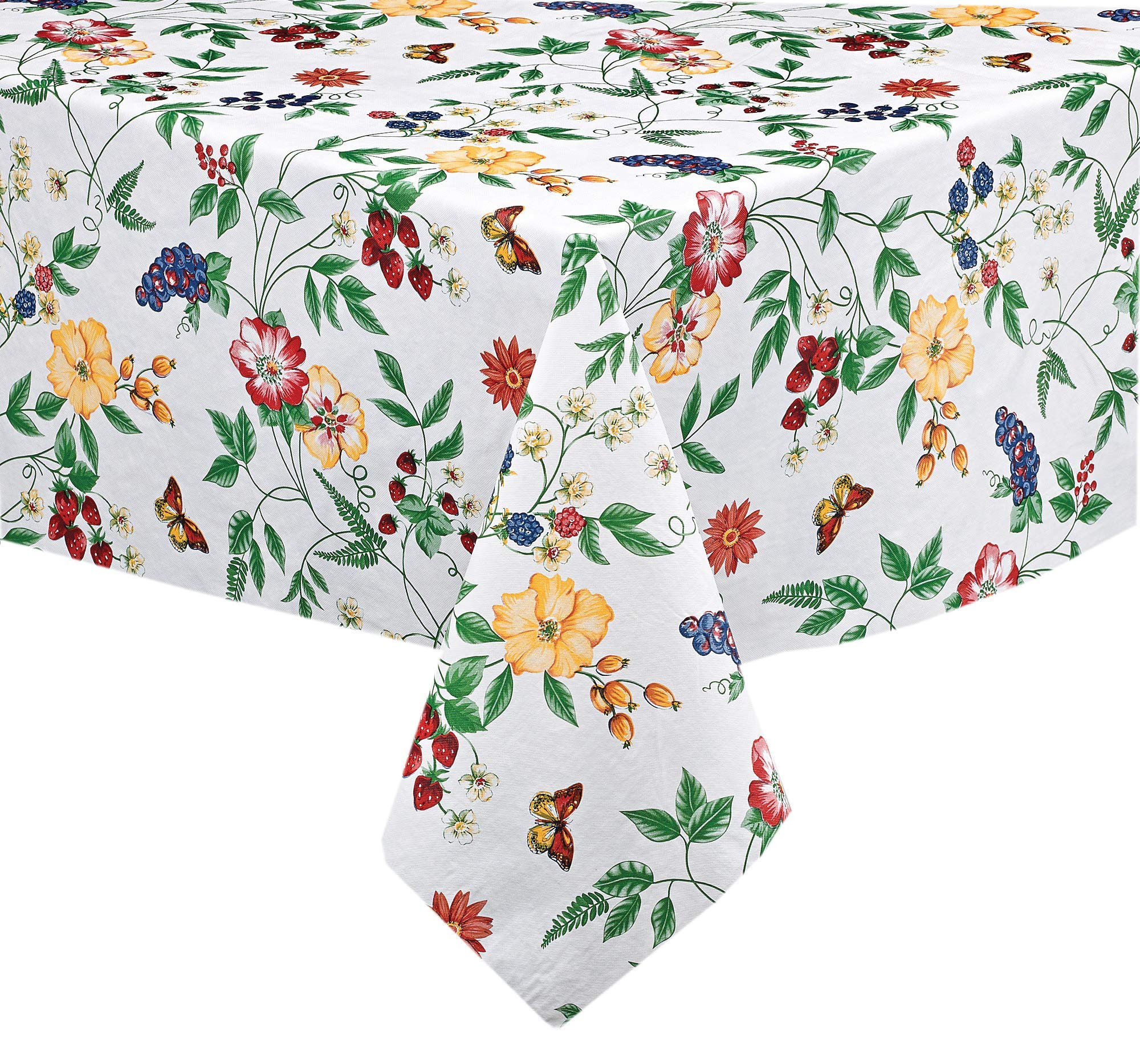 English Berry Garden Heavy 4 Gauge Vinyl Flannel Backed Tablecloth, Strawberry Garden Floral Indoor/Outdoor Wipe Clean Picnic, K