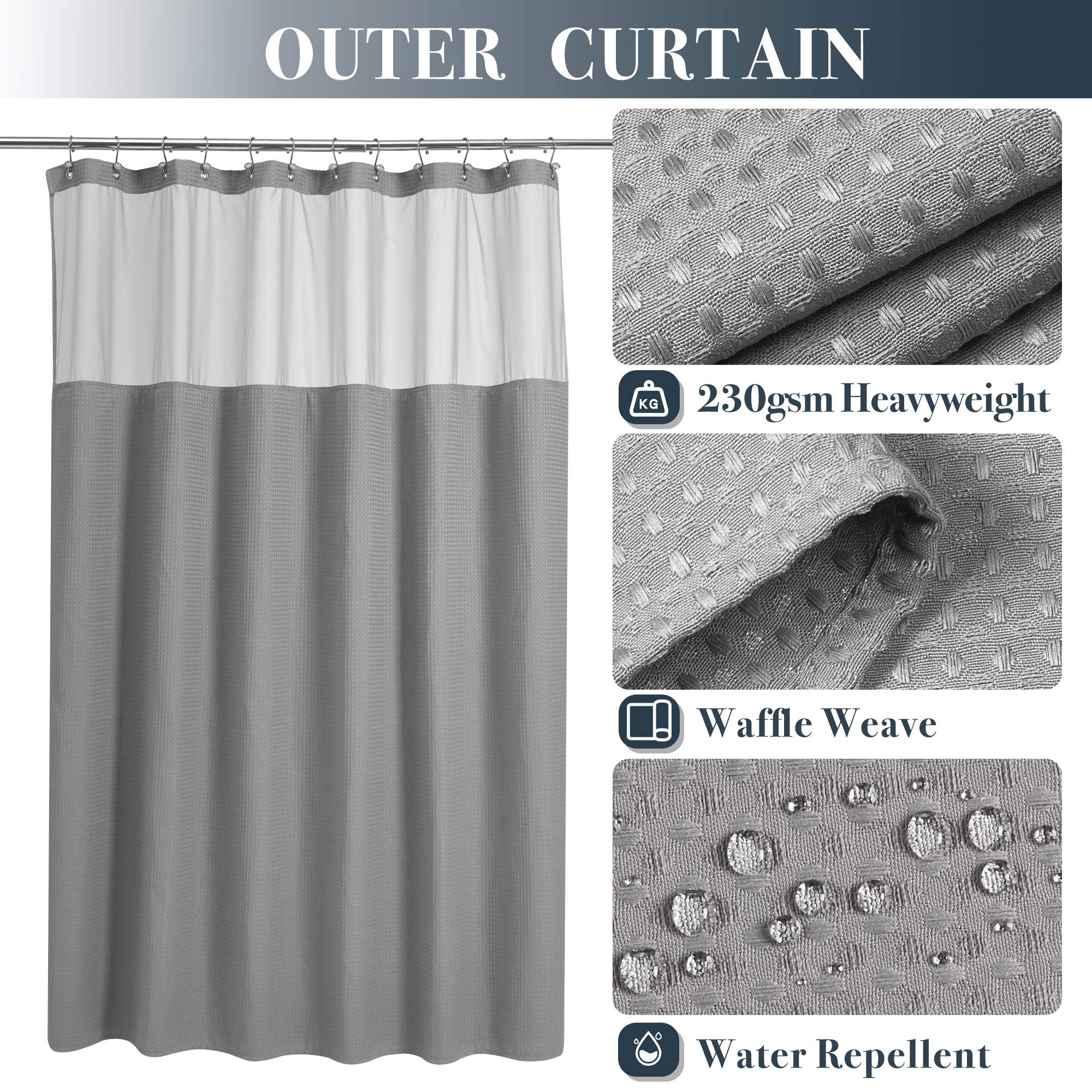 N&Y Home Waffle Weave Shower Curtain With Snap-In Fabric Liner Set, 12 Hooks Included - Grey Shower Curtain Hotel Style, Water-R