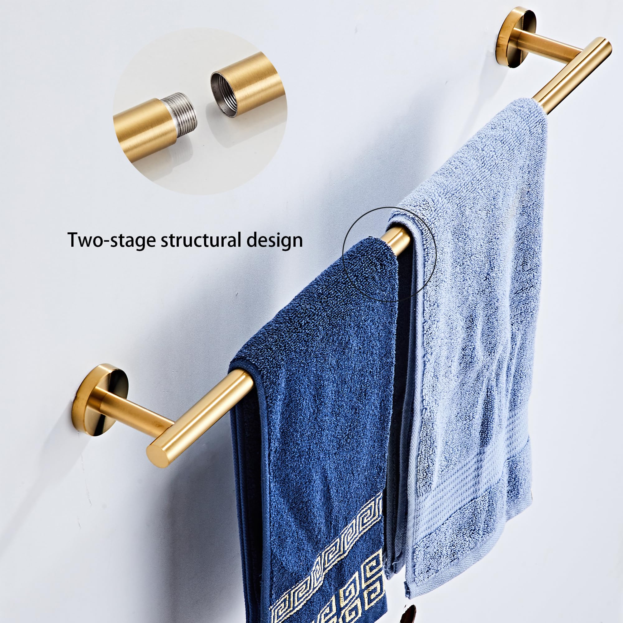 Brushed Gold Bathroom Hardware Set 5 Piece With Towel Racks For Bathroom, Sus304 Stainless Steel Bath Towel Bar Set, 24 Inch Wal