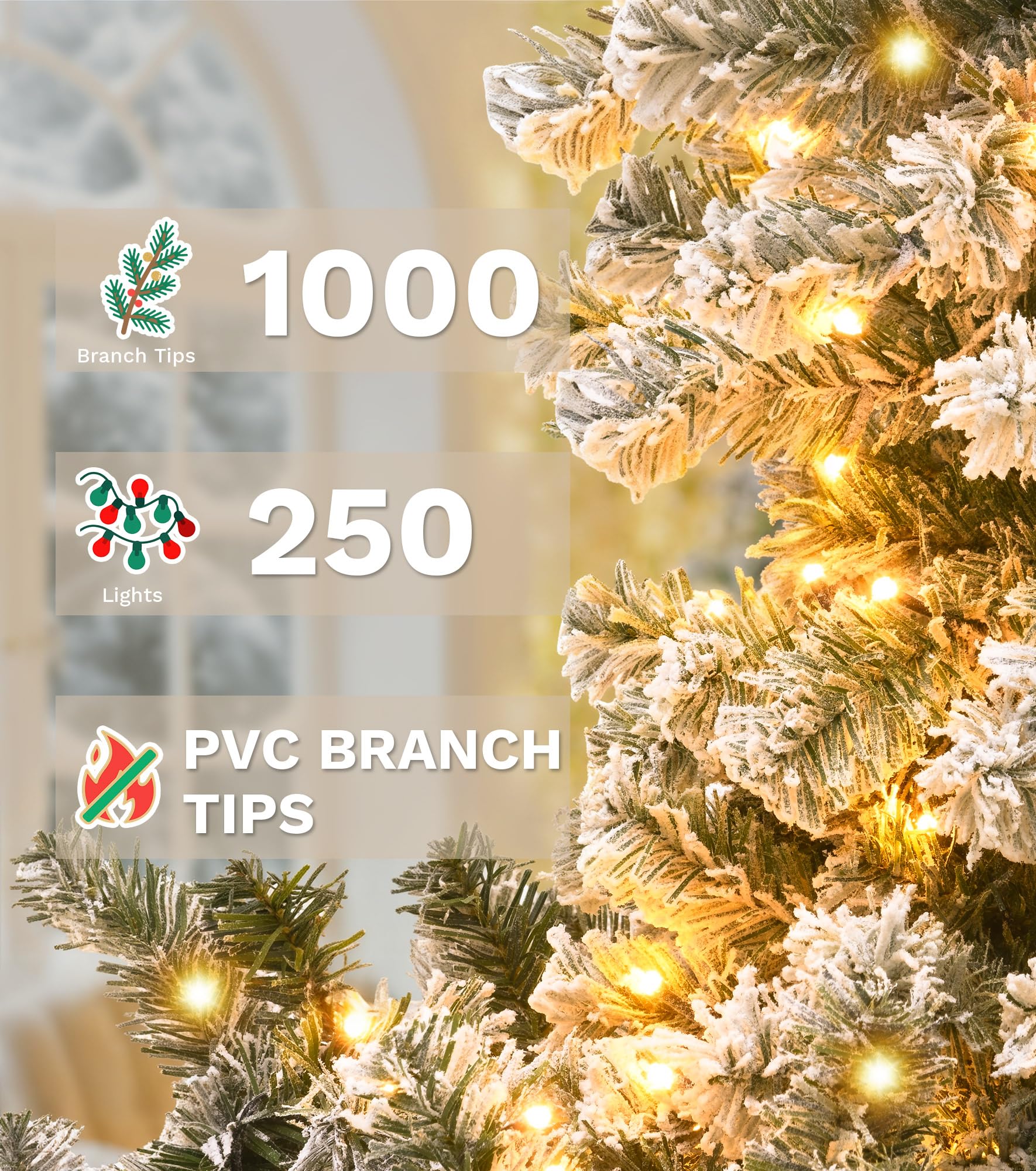 DWVO 7.5 ft Prelit Snow-Flocked Artificial Pine Christmas Tree, Full Xmas Tree with 550 Lights, 11 Lighting Modes, 1450 Tips, Fo