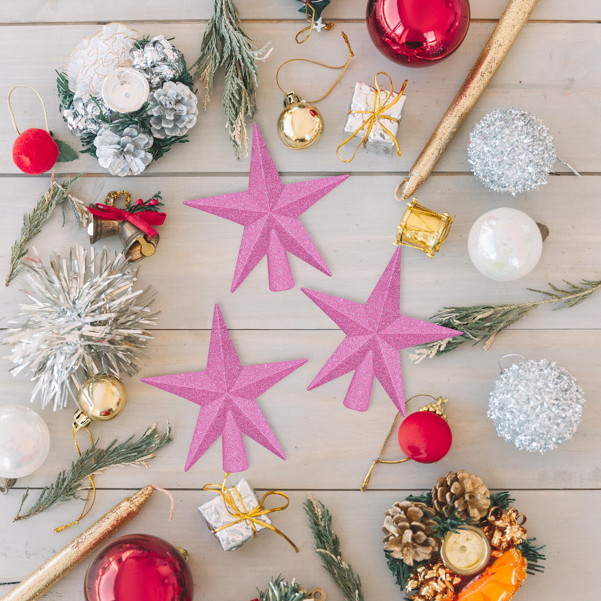 1PCS Christmas Tree Star Topper, 4 3D Pink Xmas Tree Topper Decorations, Glitter Shatterproof Mini Bethlehem Star Tree Decor, Wa