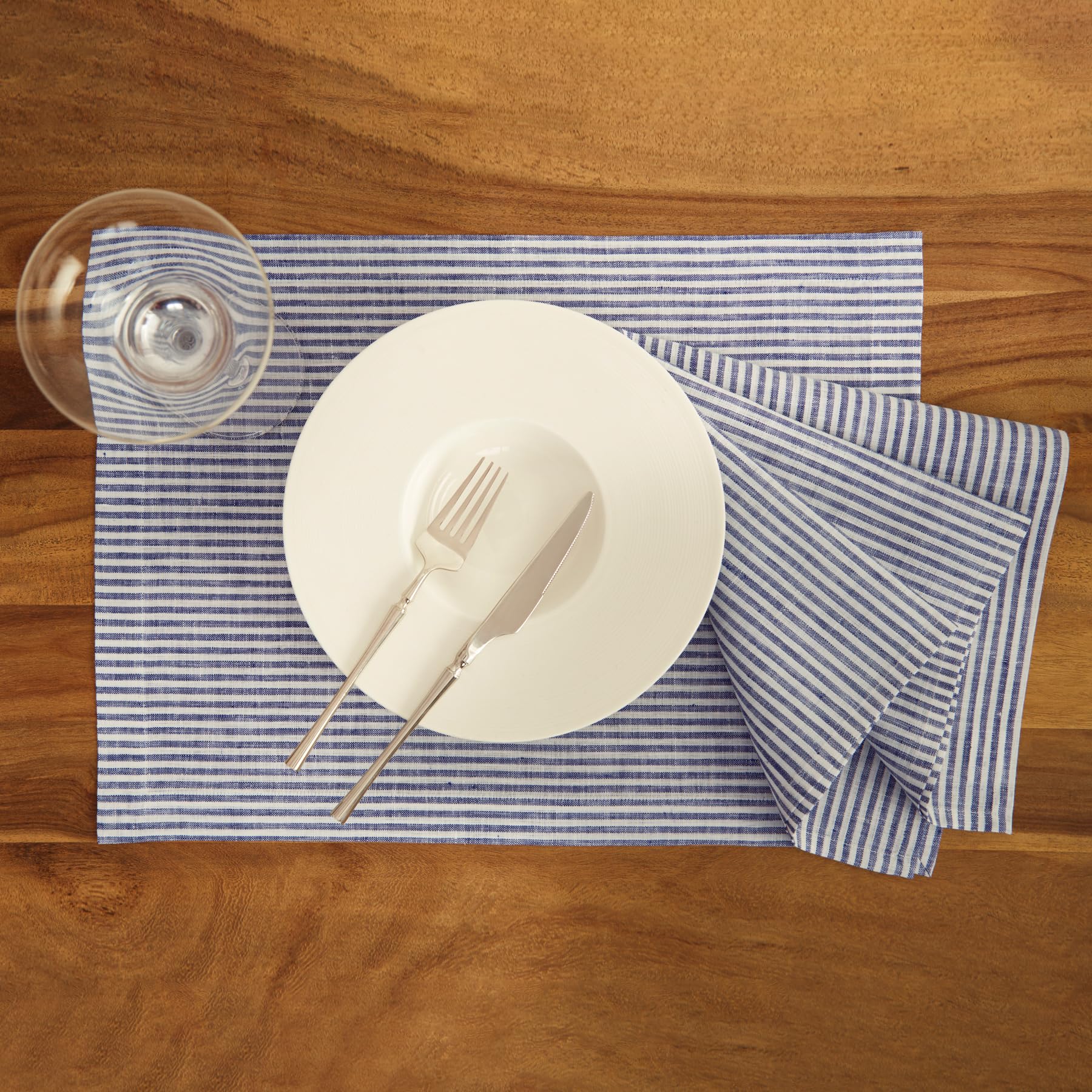 Solino Home Stripe Linen Dinner Napkins 20 X 20 Inch - 100% Pure Linen Navy And White Cloth Napkins Set Of 4 For Spring, Easter