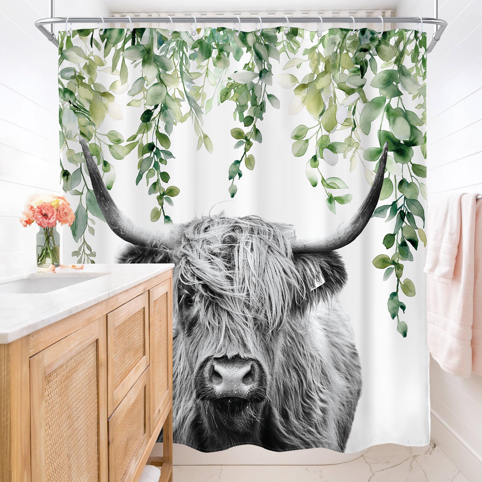 AMBZEK Highland Cow Shower Curtain 72Wx72L Inch Farmhouse Rustic Funny Bull Eucalyptus Leaves Plants Western Country Artwork Cloth Fabric Waterproof Polyester Bathroom Decor Set with 12 Pack Hooks