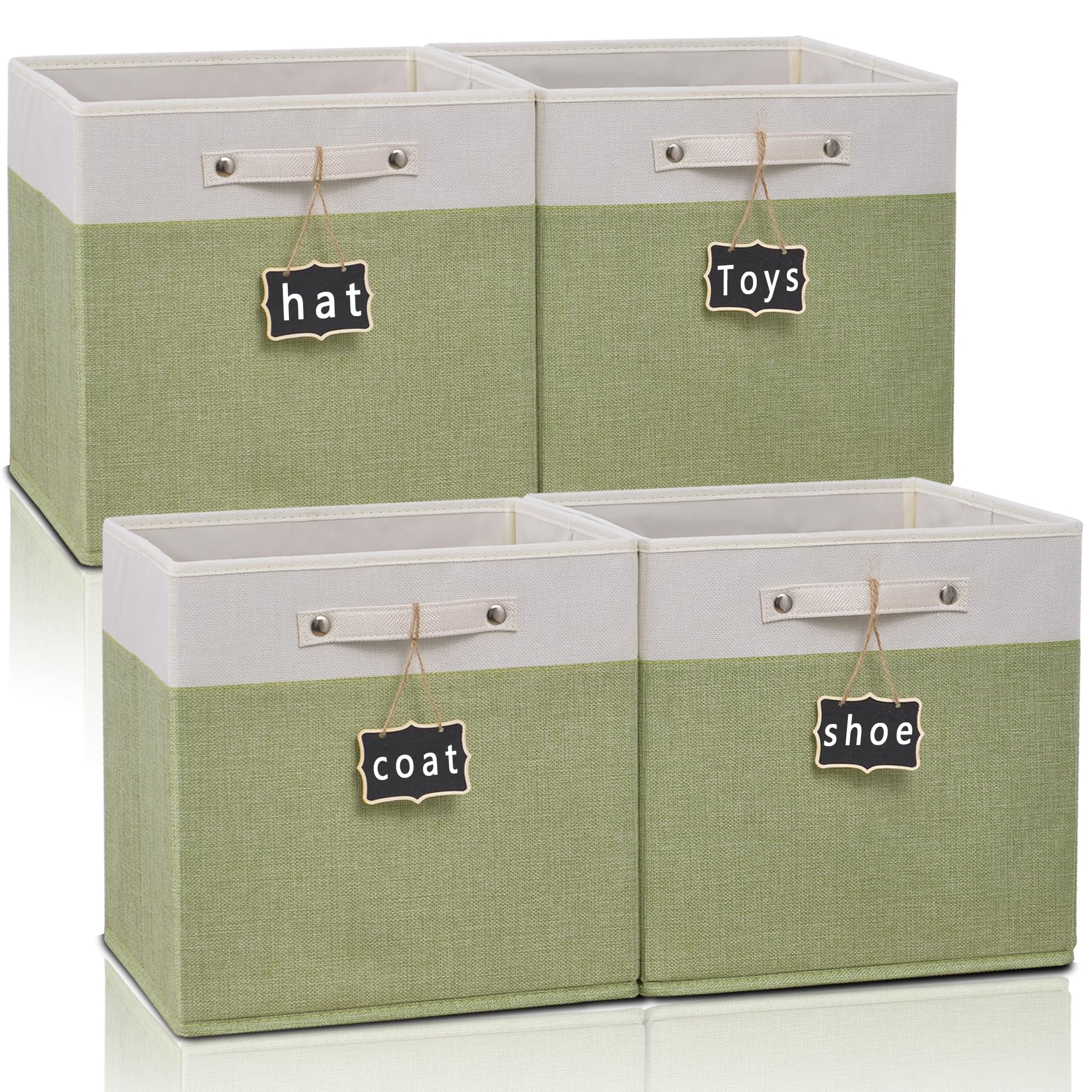 11 Inch Cube Storage Bin,Collapsible Fabric Storage Cubes With Labels 4 Pack,Linen Cube Storage Organizer Bins With Cotton Handl