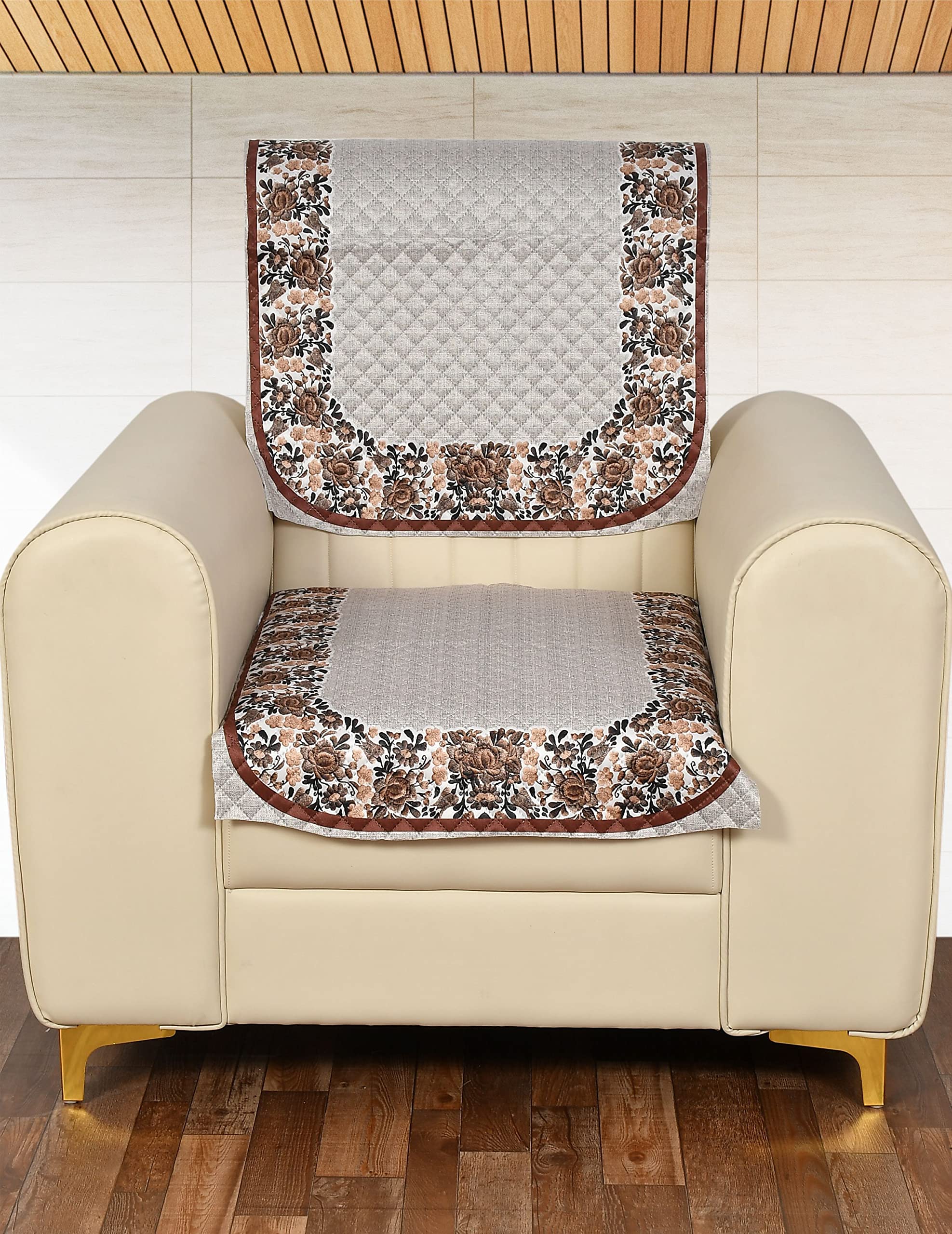 Yellow Weaves Velvet 1 Seater Quilted Sofa Chair Cover, Floral Design, Seat & Back Cover, Color - Beige
