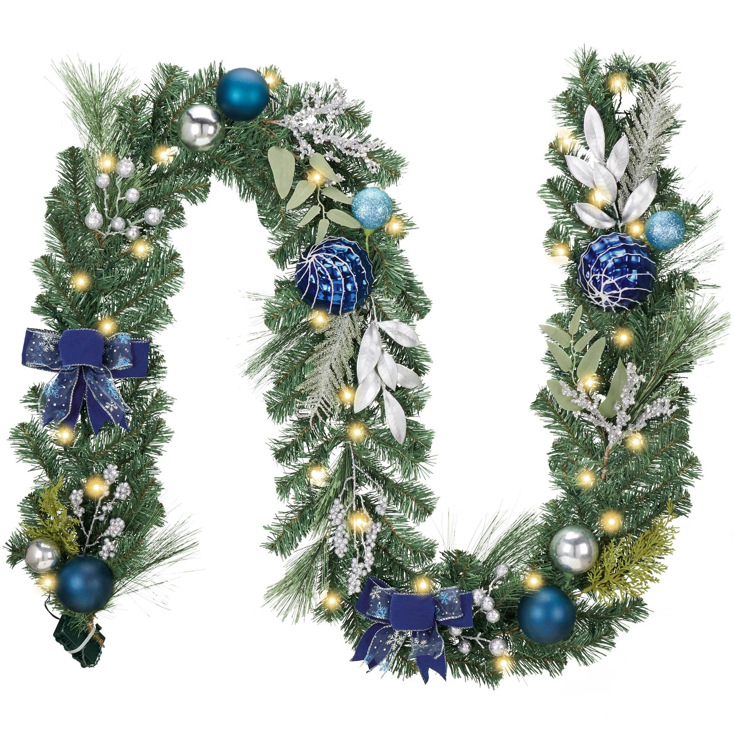 Valery Madelyn 9 feet Pre-Lit Christmas Garland with Light for Mantle, Lighted Battery Operated Xmas Garland with Silver Blue Ba