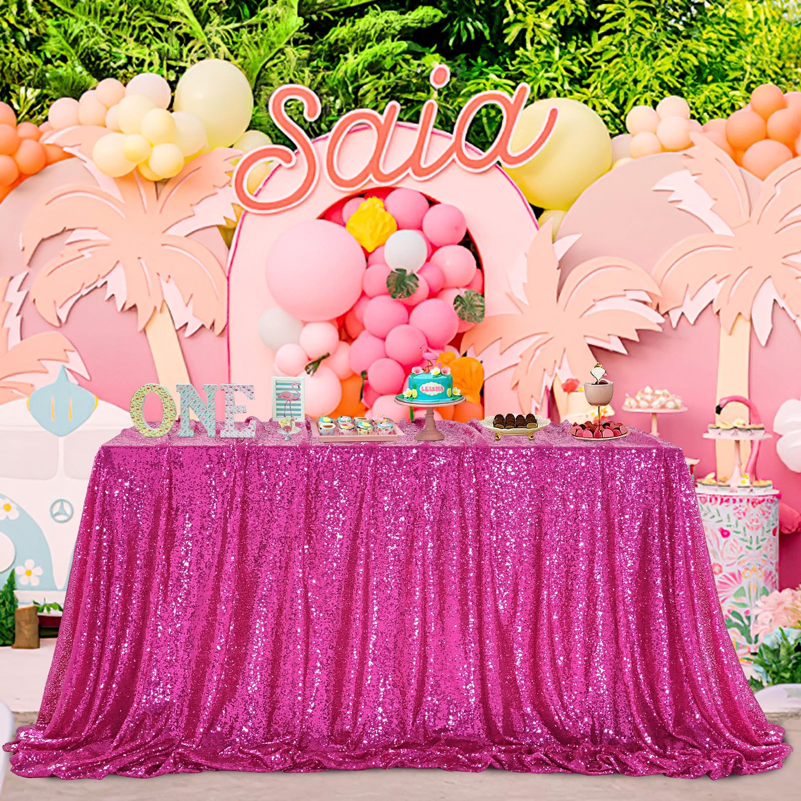 Queendream Tablecloth Hot Pink Birthday Decorations: 90X90 Inch Sequin Tablecloth Drapes Glitter Fabric Wedding Party Table Over