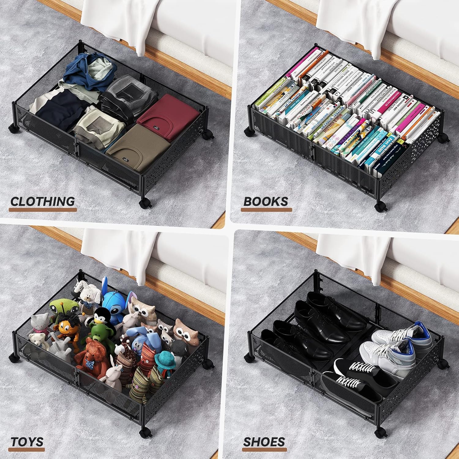 Under Bed Storage Containers with Wheels, Under Bed Shoe Storage Organizer Drawer, Tool-free Assembly Metal Storage Containers f