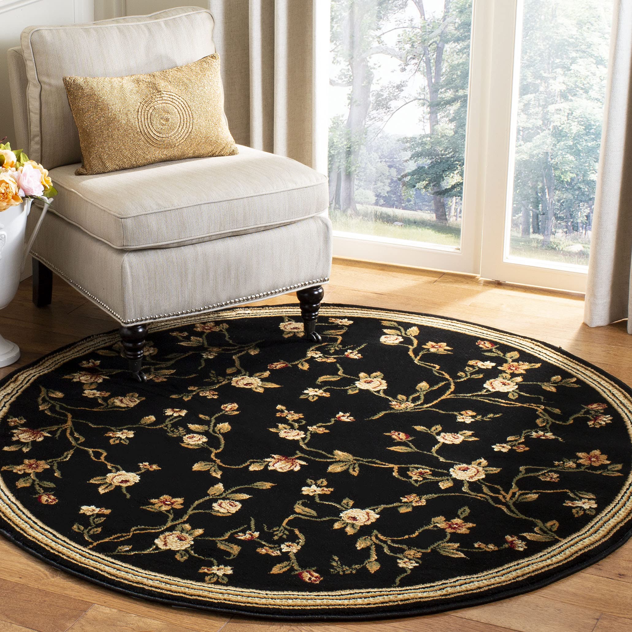SAFAVIEH Lyndhurst Collection Area Rug - 53 Round, Black, Traditional Floral Design, Non-Shedding & Easy Care, Ideal for High T