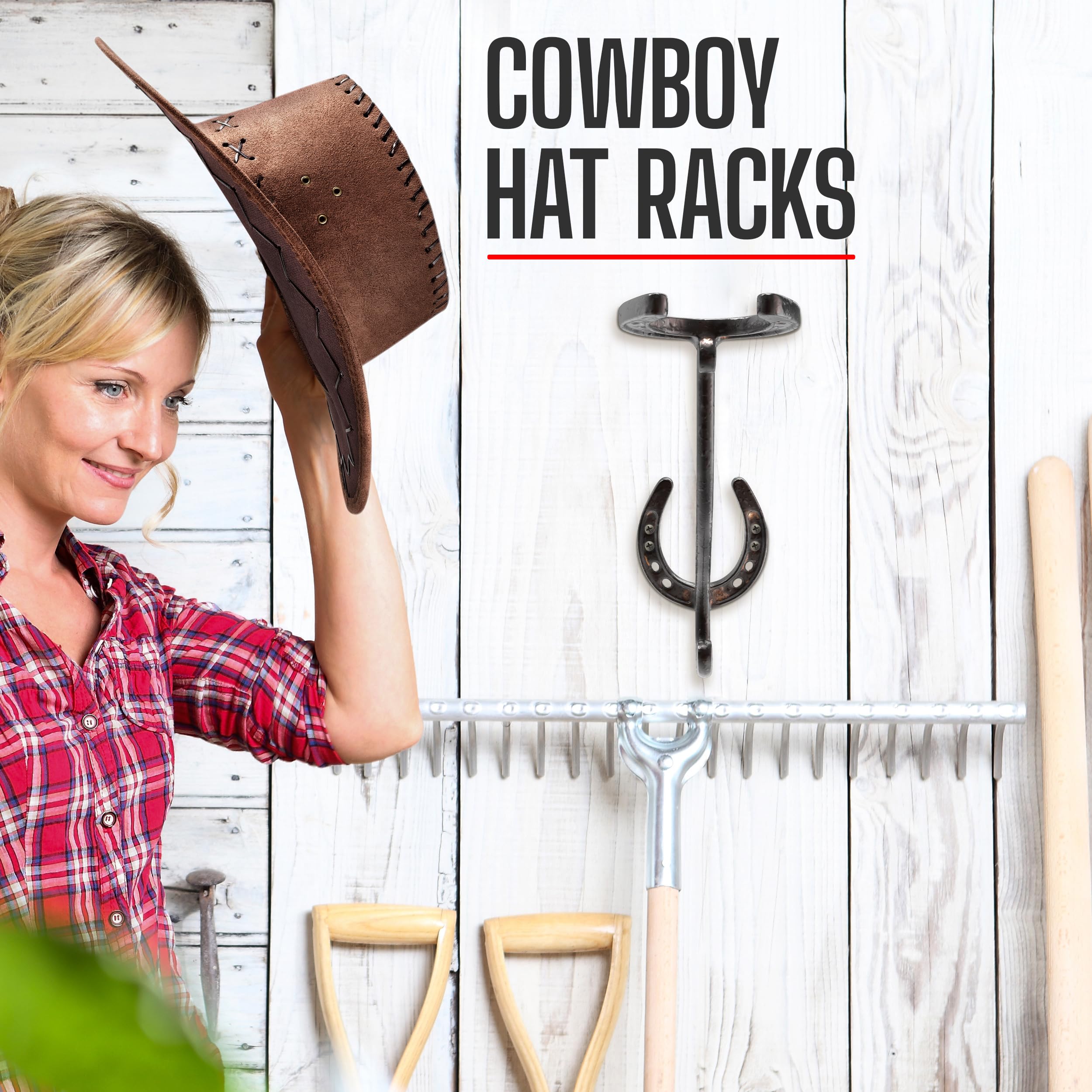 A.J. Boone Cowboy Hat Rack - Set Of 2 Decorative Wall-Mounted Holder - Heavy-Duty Iron Hanger And Organizer Diy Kit For Hats, Co