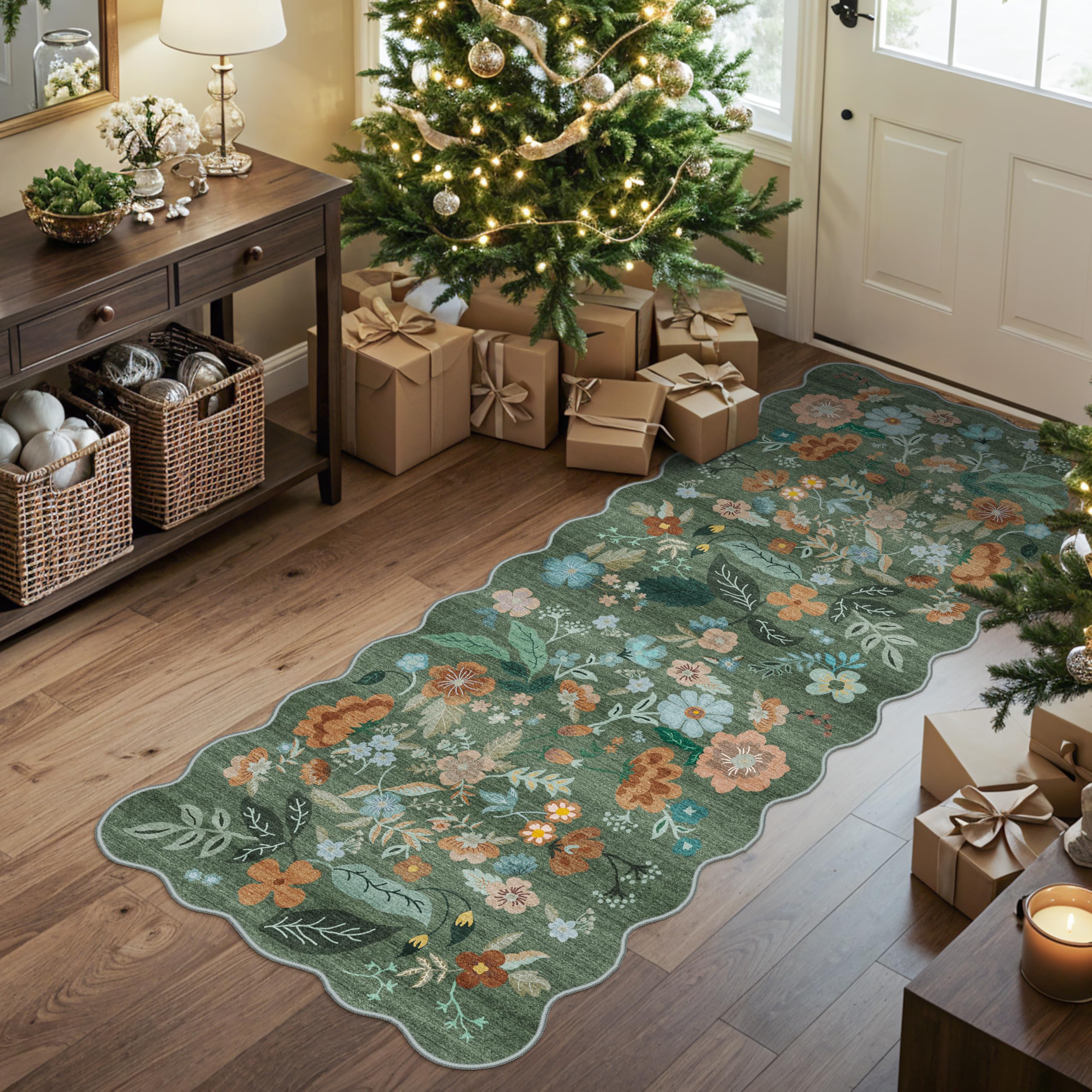 2x5 Washable Kitchen Area Rug: Floral Scalloped Entryway Runner Farmhouse Non-Slip Floor Carpet for Hallway Bathroom Soft Comfor