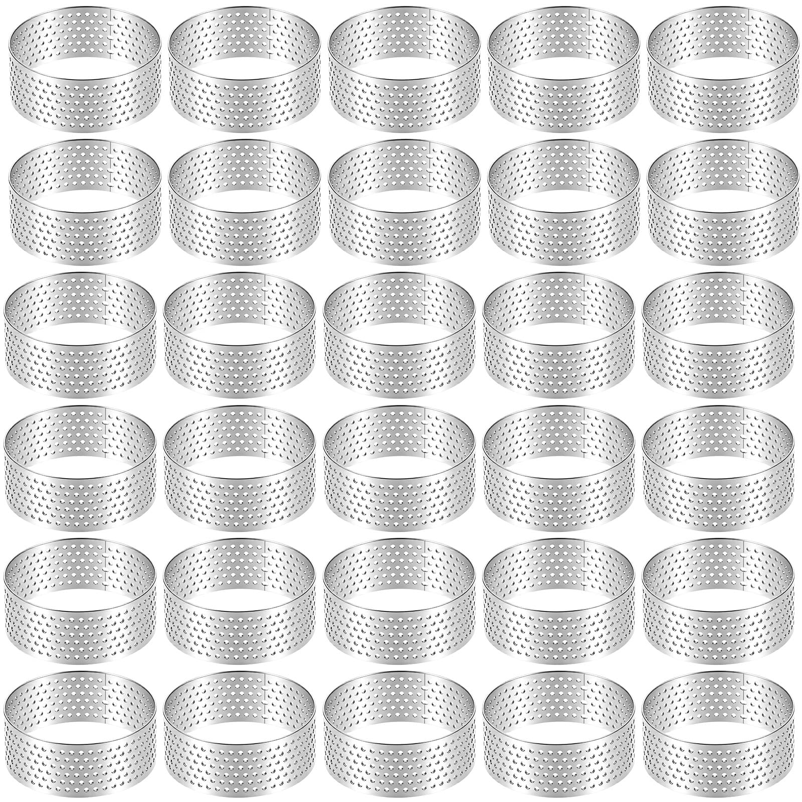 Afcabakila 30 Pack Stainless Steel Tart Rings 2 Inch HeatResistant Perforated Cake Mousse Ring Round Ring Baking Doughnut Tools